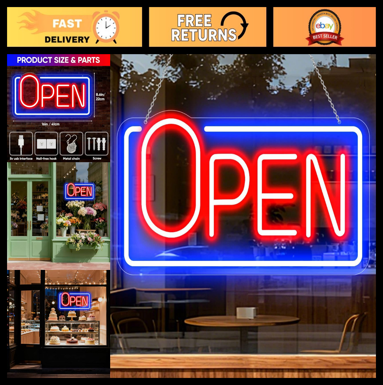 Bright LED Neon Open Sign for Business Window – Light Up Store Display, 16″x8.6