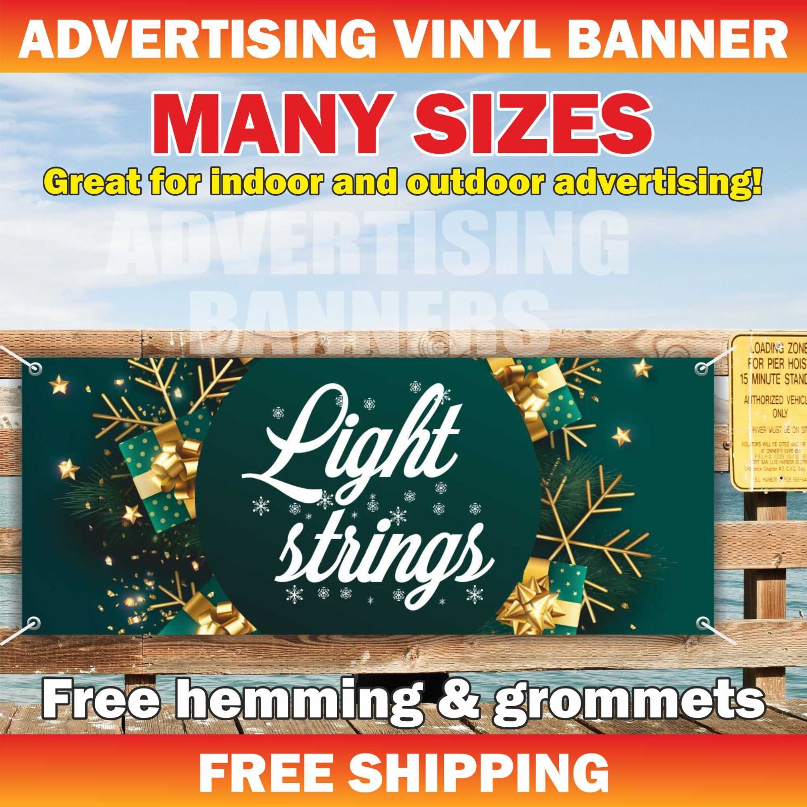 Light strings Christmas Advertising Banner Vinyl Mesh Sign Xmas Fir trees Wreath