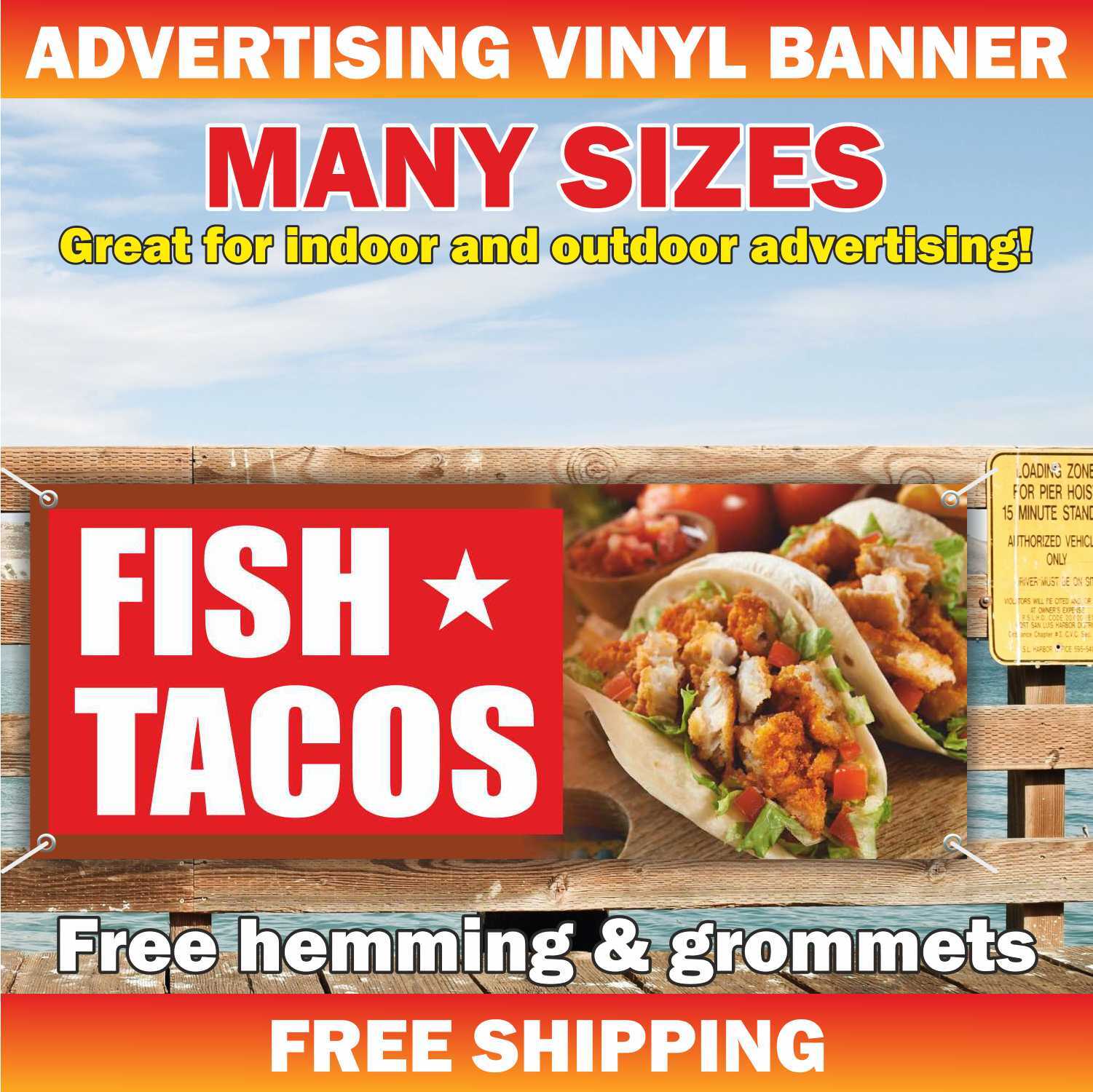 FISH TACOS HERE Advertising Banner Vinyl Mesh Sign Mexican Food Burritos Nachos