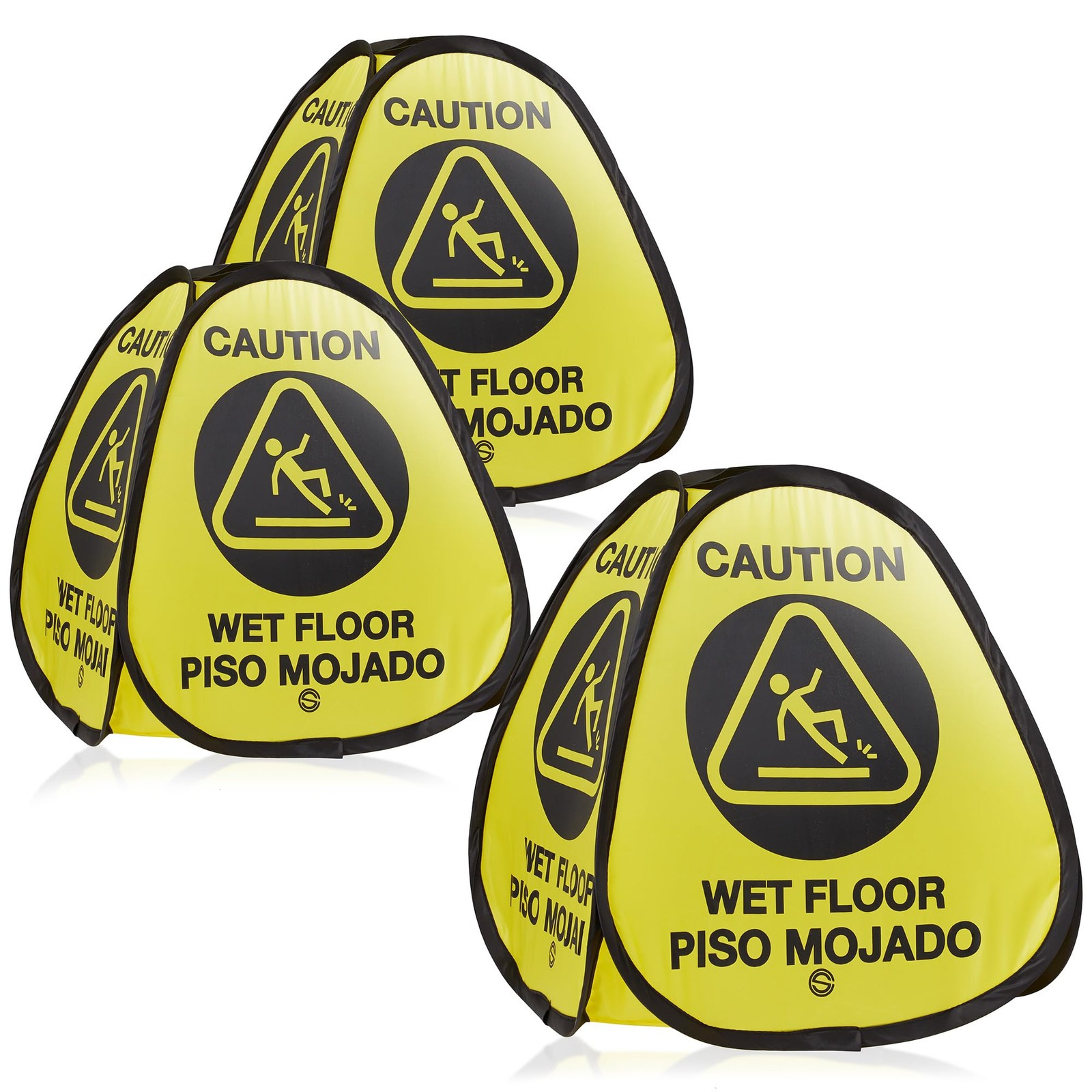 3 Pack Pop Up Wet Floor Sign Heavy Duty Nylon Yellow Bilingual 16 Inch Safety
