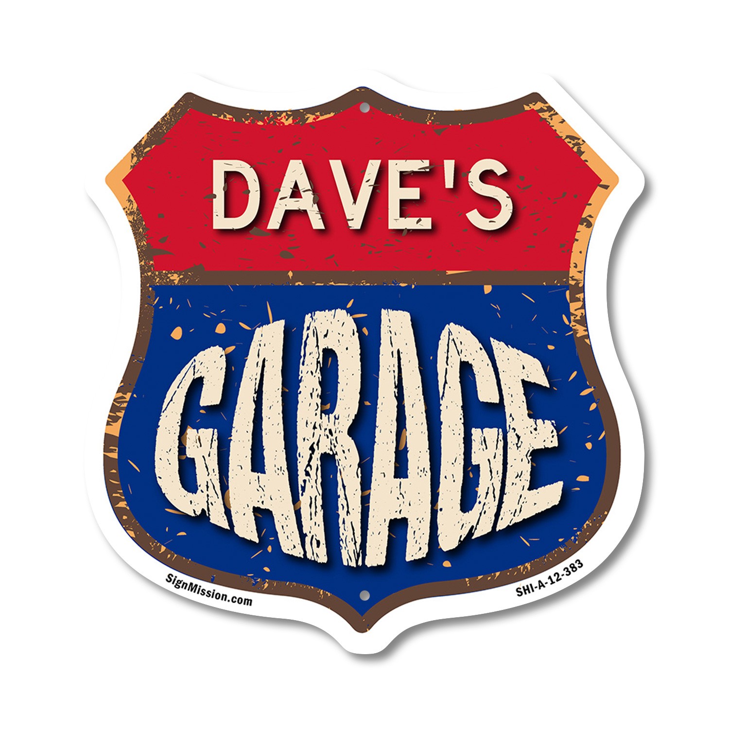 Dave’s Garage Shield Shaped Sign Weather Resistant Crafted in the USA