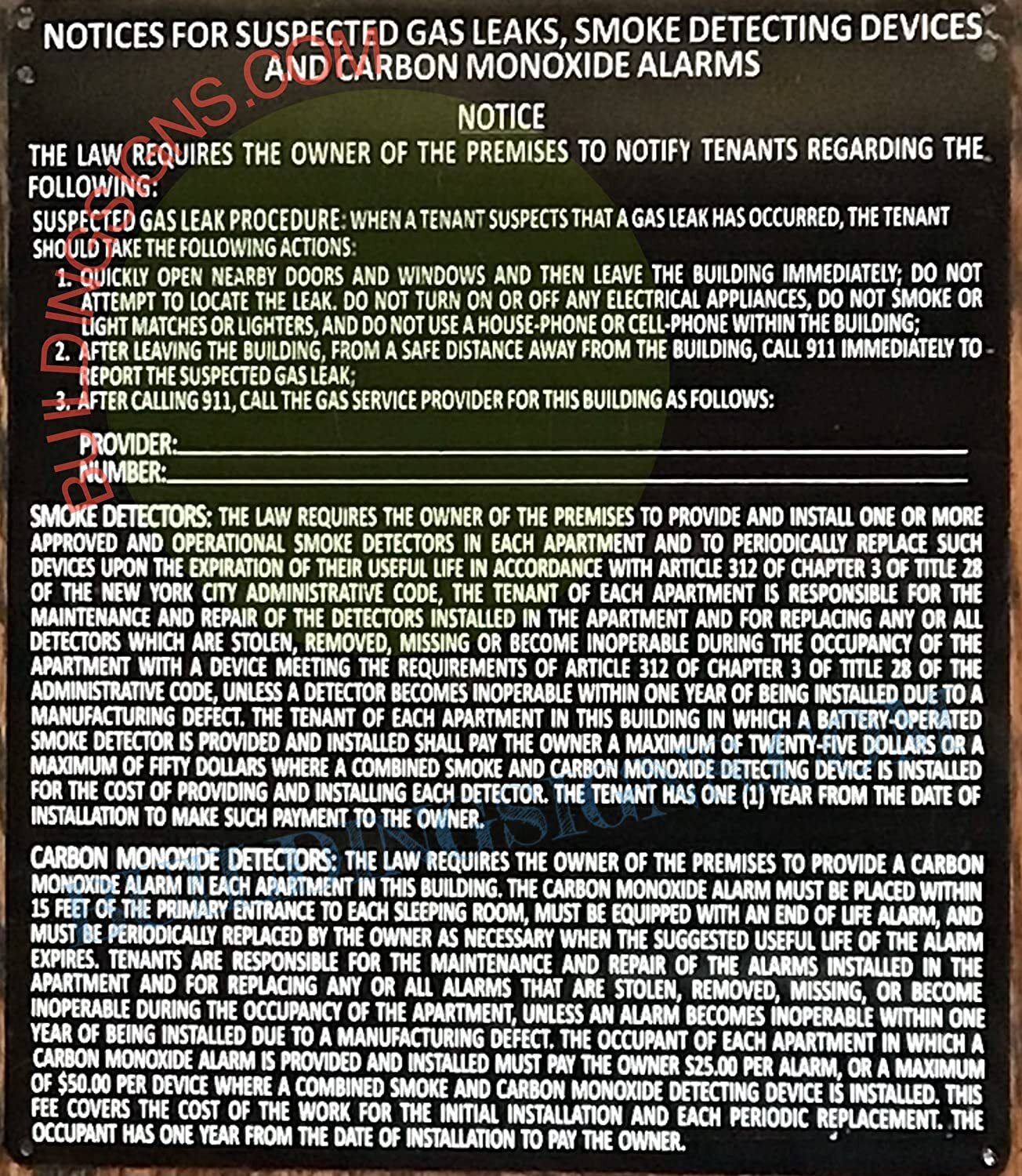 HPD Sign Notice for Suspected Gas Leaks, Smoke Detecting-REF24-1027