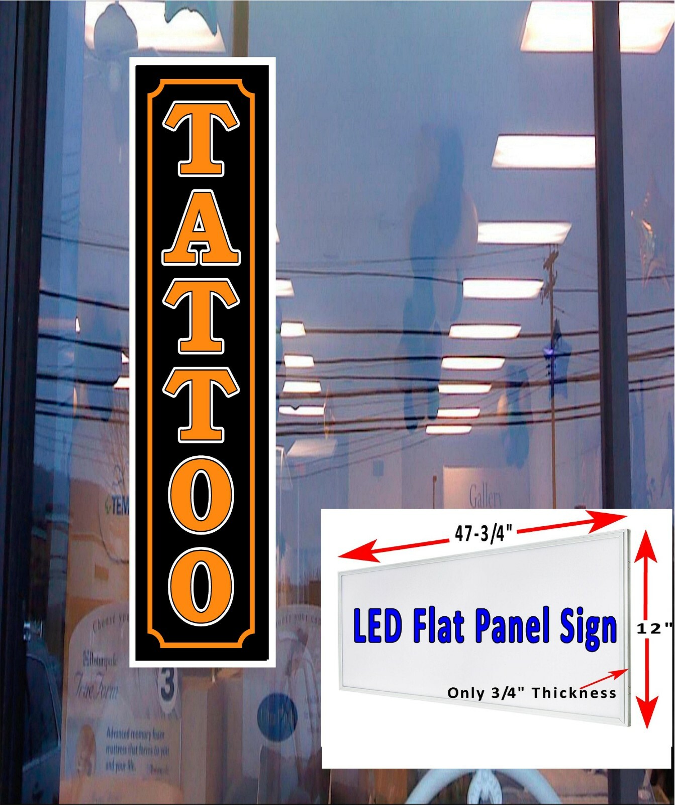Tattoo LED panel Light box window sign 5 color choices 48″x12″