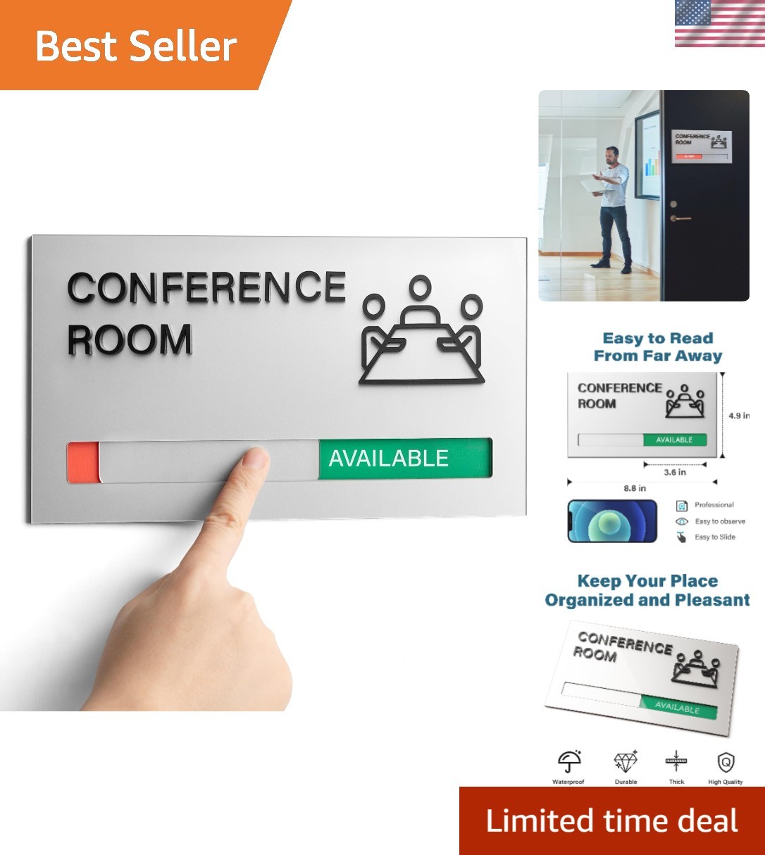 Versatile Office Door Sign – Stylish ‘In Use’/’Available’ Slider – 8.8×5 Inches