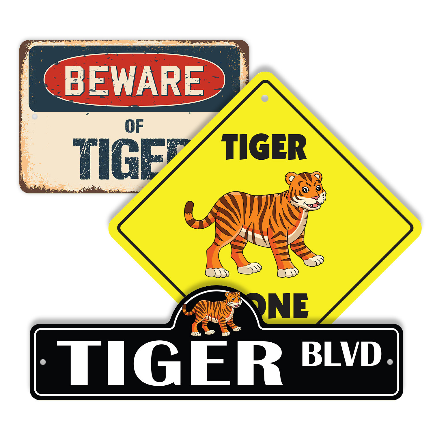 Tiger (3 Pack) Plastic Street Sign Crossing Warning Vintage Rustic Beware