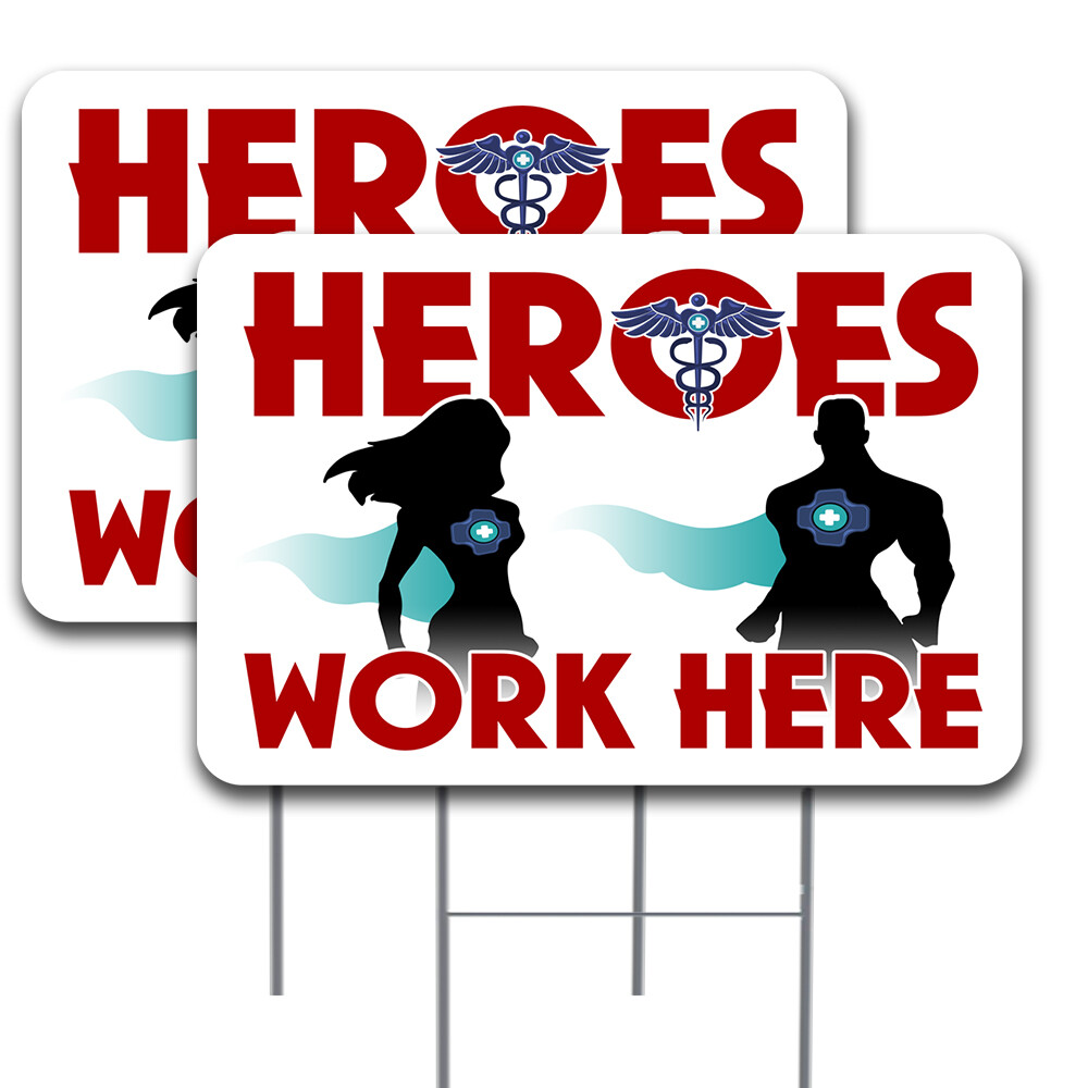 Heroes Work Here 2 Pack Double-Sided Yard Signs 16″ x 24″ with Metal Stakes (Mad