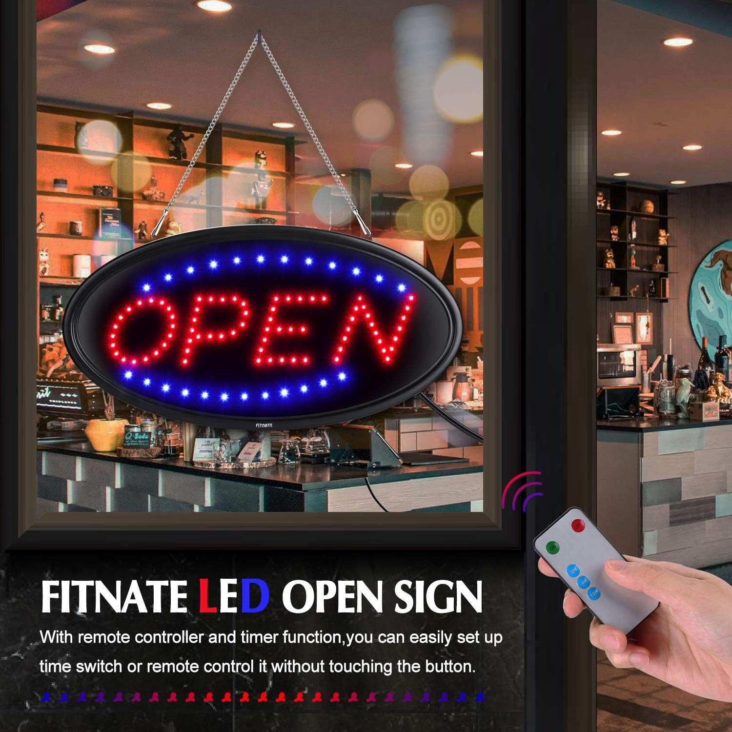 LED Open Sign, 19″X10″, with Remote, Timer & Flash/Steady Modes | Ultra Bright f