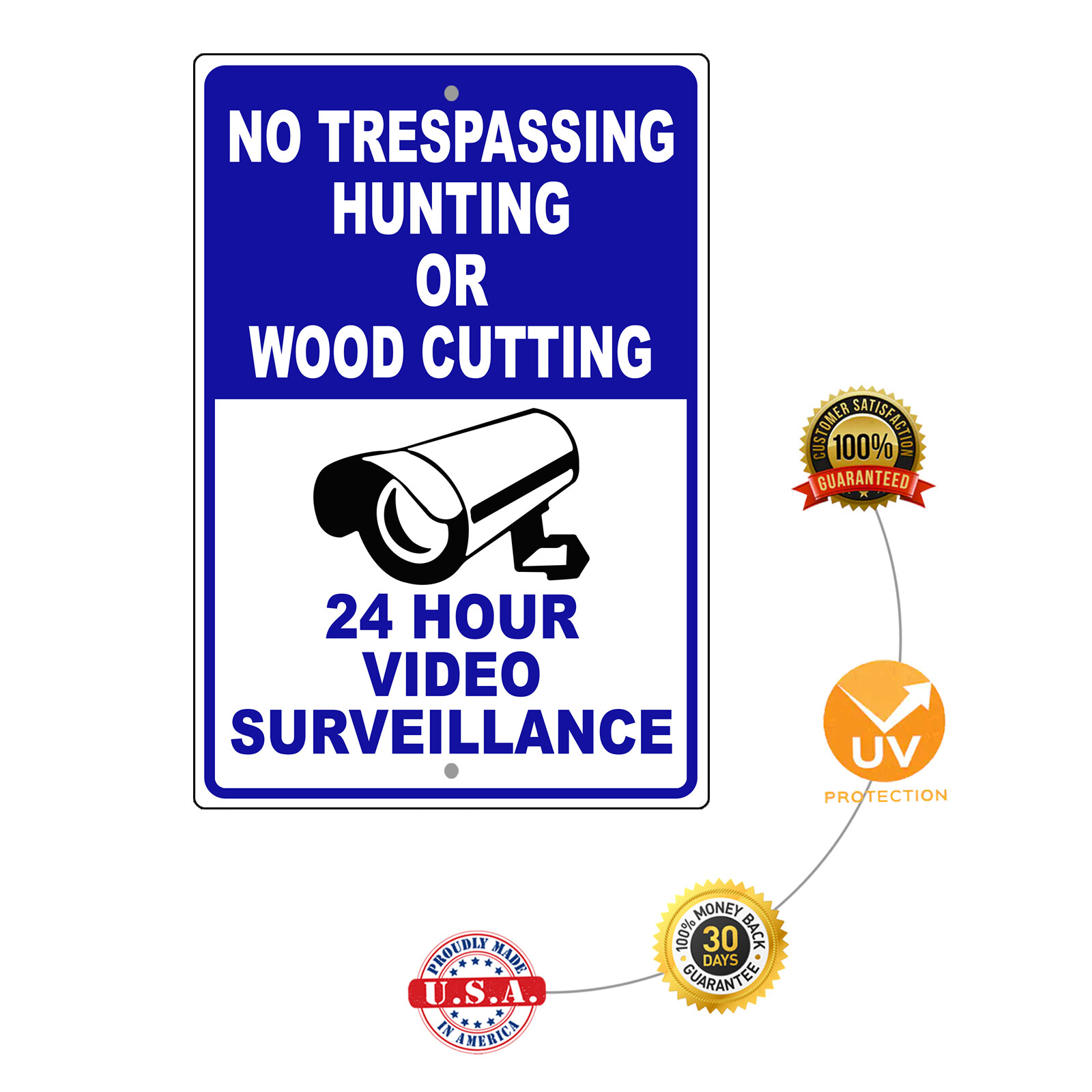 No Trespassing Hunting Or Wood Cutting 24 Hour Video Aluminum Metal Sign