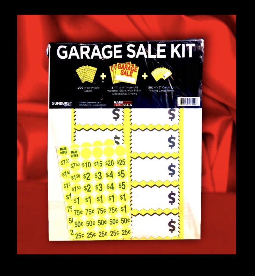 Garage Sale Kit: 3 Plastic Yard Signs 11×14 , 200 Price Stickers, 10 Price Cards