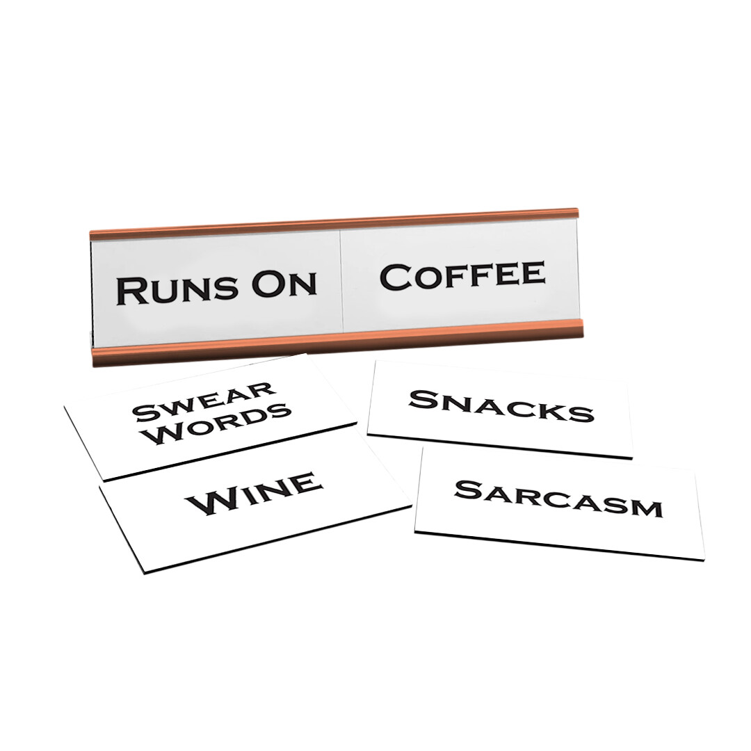 Runs On Word Play Nameplate, Rose Gold Desk Sign, 6 Tiles (2 x 8″)