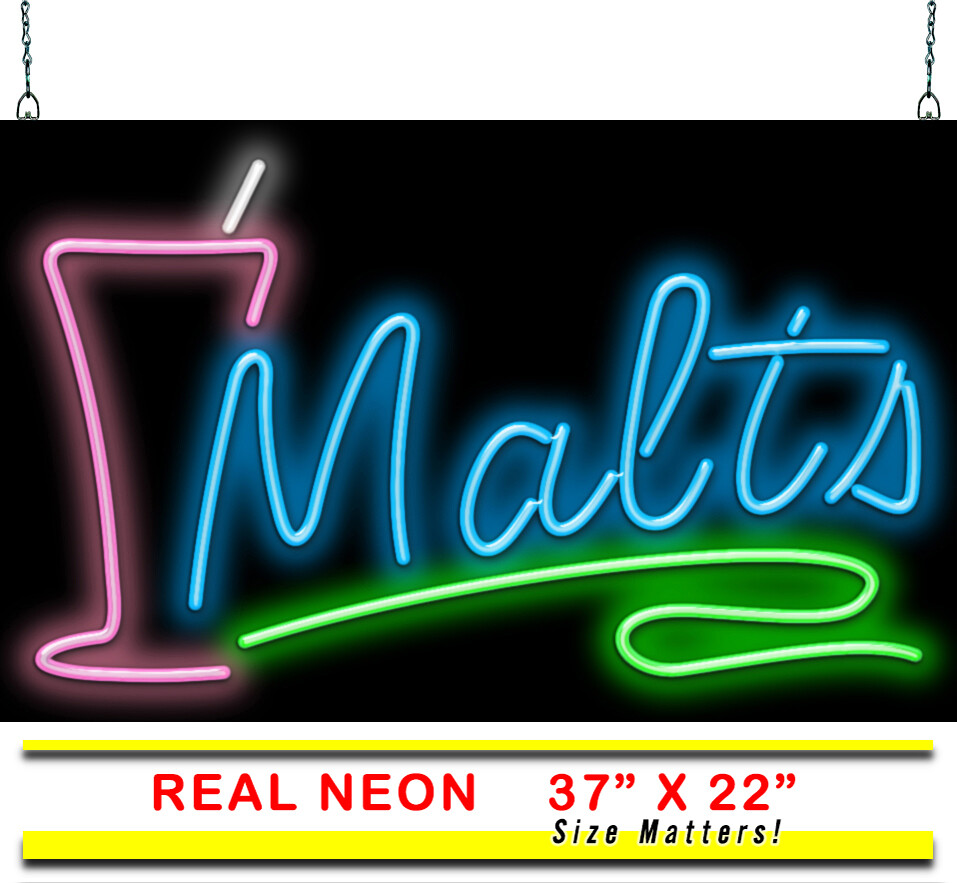 Malts With Glass Neon Sign Jantec 37″ x 22″ Milkshakes Ice Cream Floats