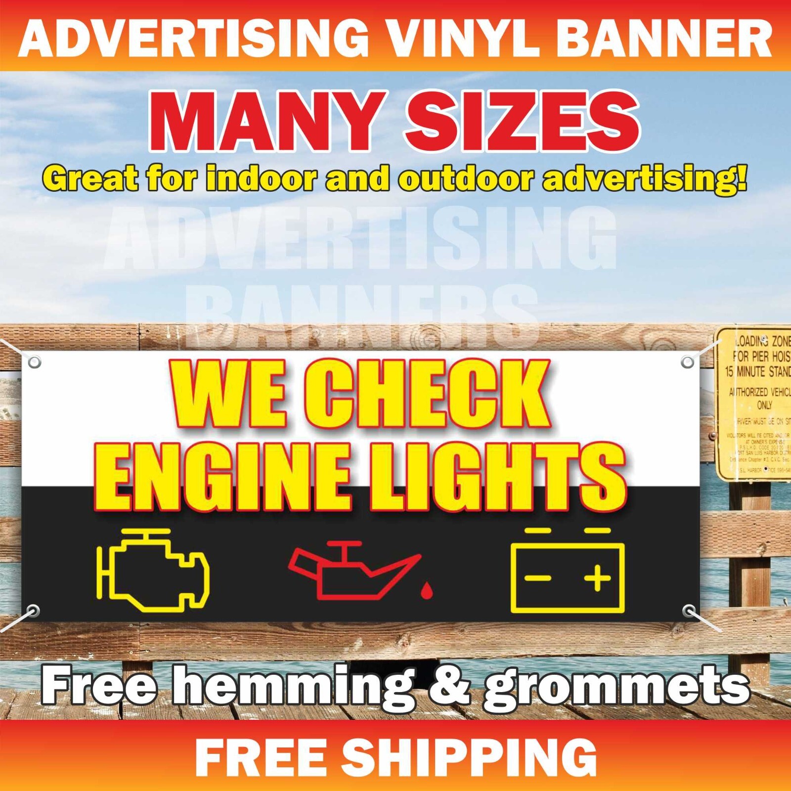 WE CHECK ENGINE LIGHTS Advertising Banner Vinyl Sign Service Repair Mechanic Car