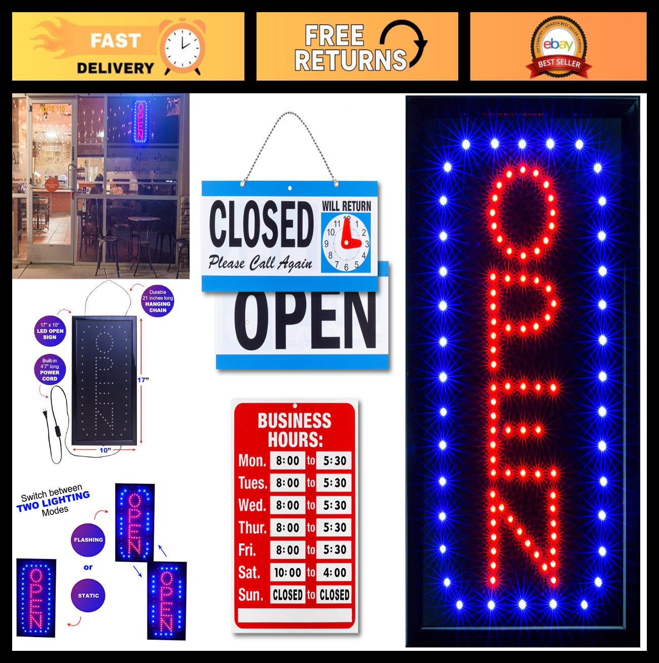 Bright Neon Open Sign for Business – Vertical LED Light with Flashing Mode & Hou