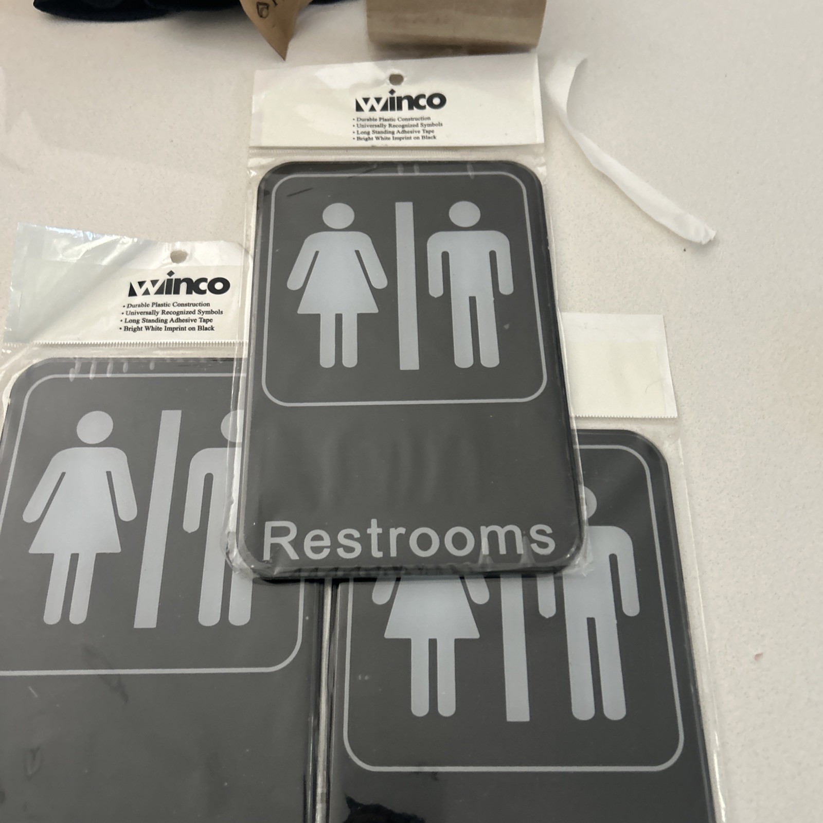 3 Winco Unisex Male, Female Restroom sign Black Plastic Adhesive