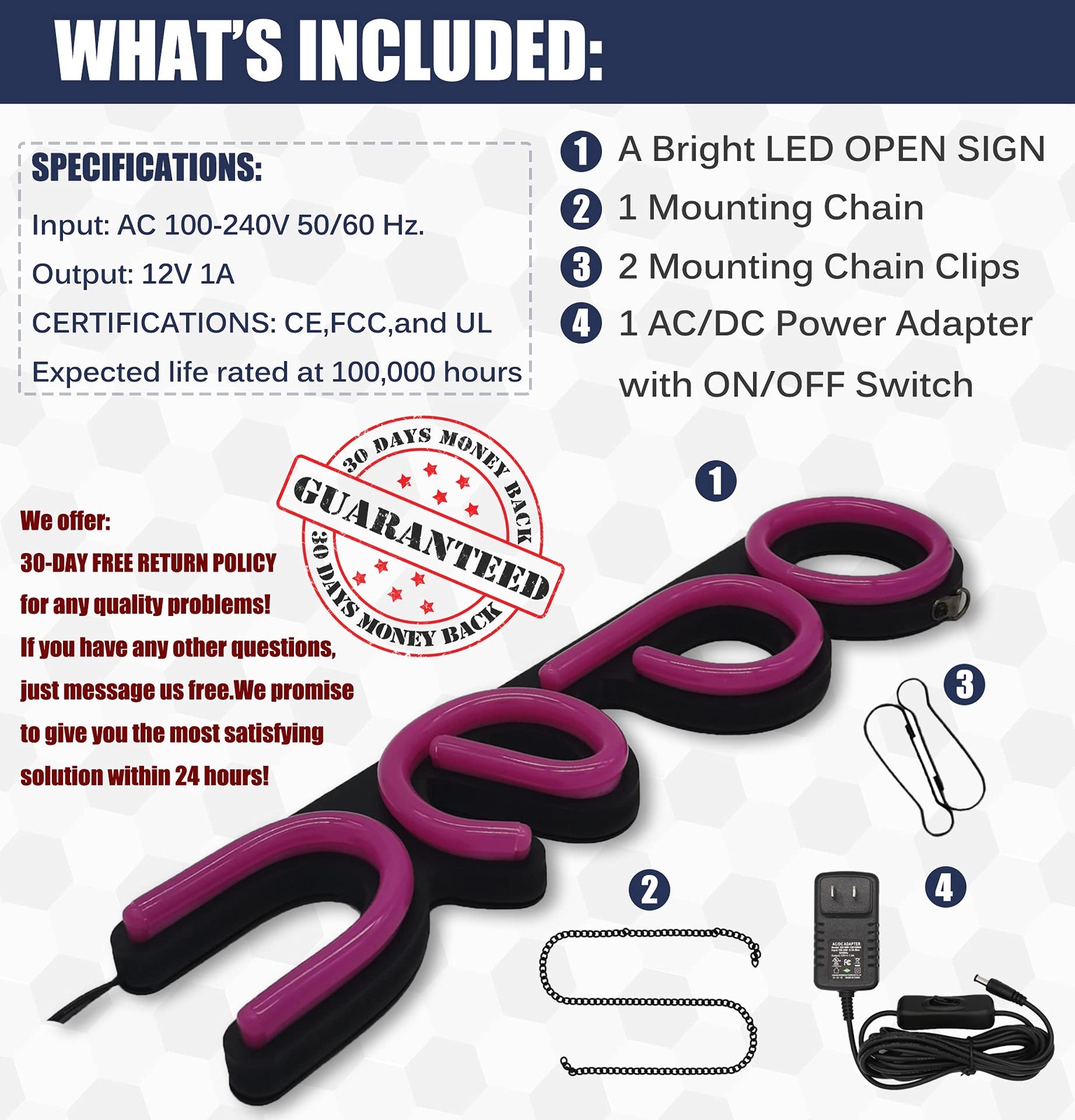 LED Neon Open Sign 16×6 Inch for Business, Restaurant, Retail, 12V Power, ON/OFF