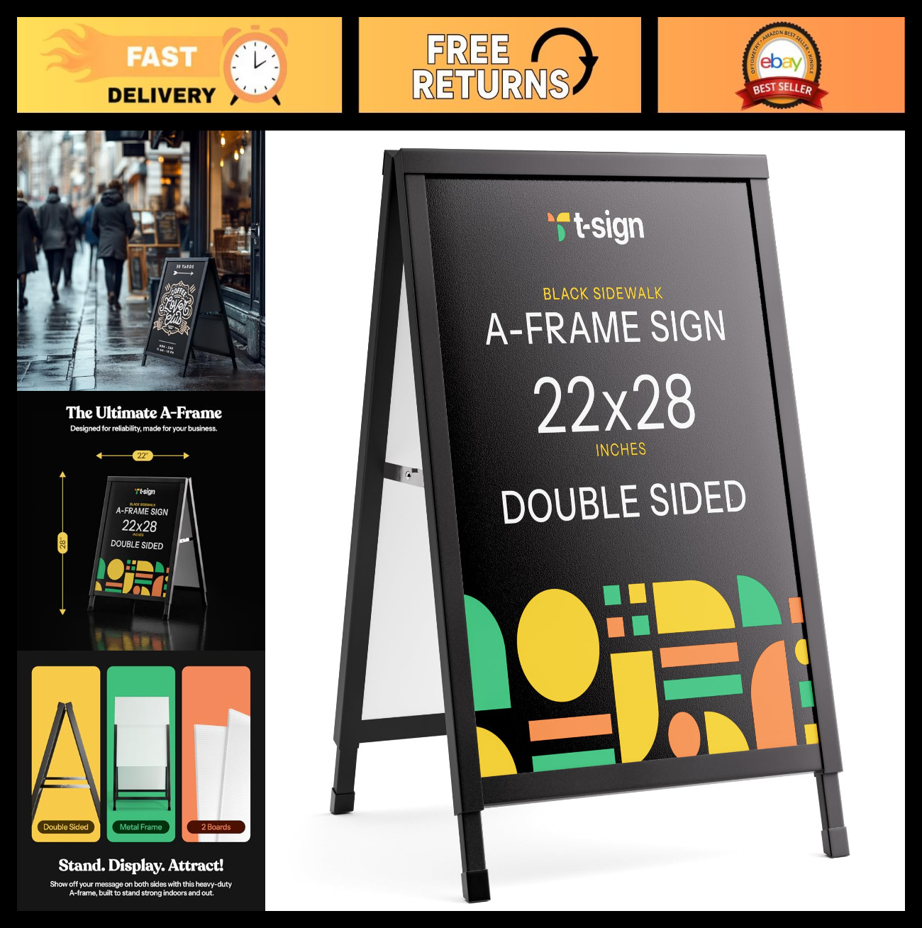 Outdoor A-Frame Sidewalk Sign 22×28″ Heavy Duty Double-Sided Display Stand, Meta