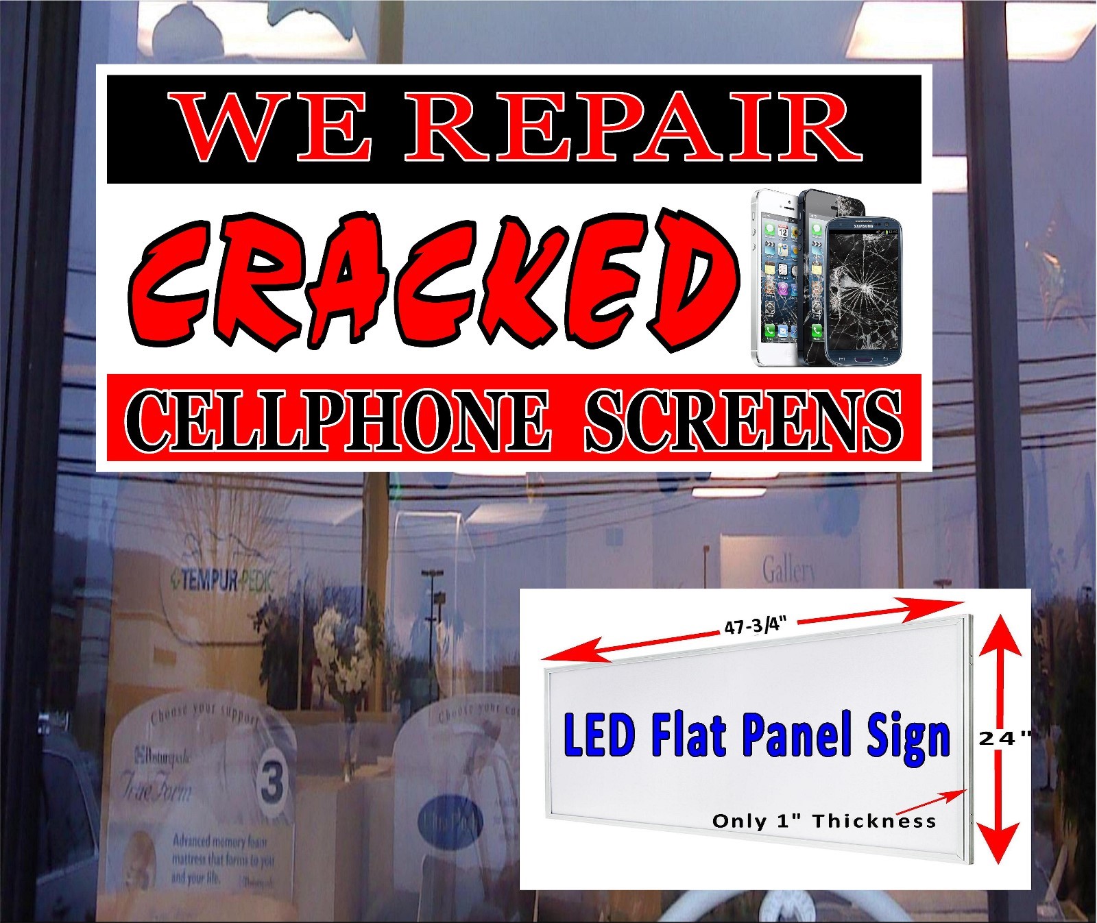 We Repair Cracked Cell phone Screens LED light box window sign 24″x48