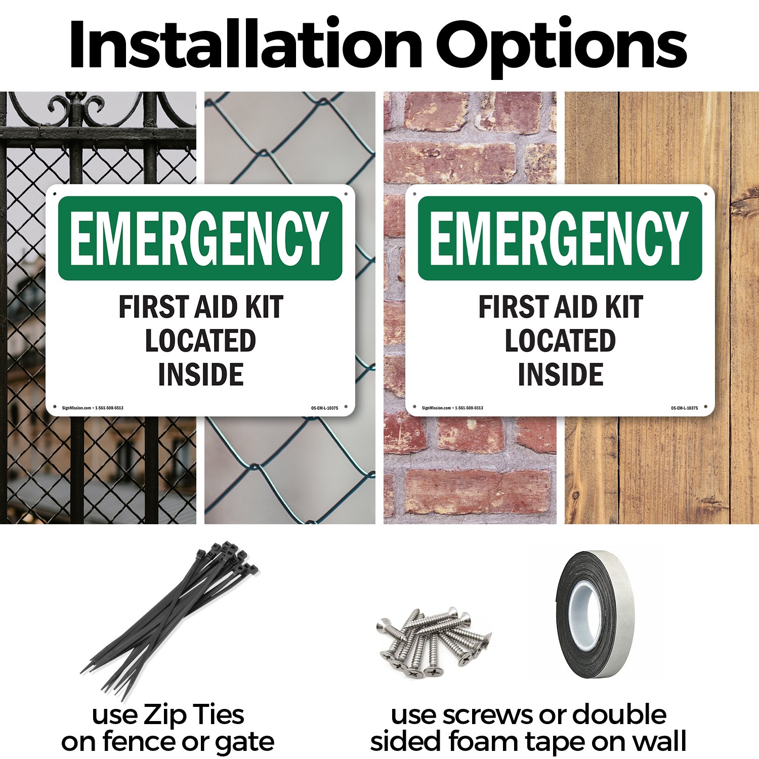 First Aid Kit Located Inside OSHA Emergency Sign Metal,, Decal 5 or 10 Pack