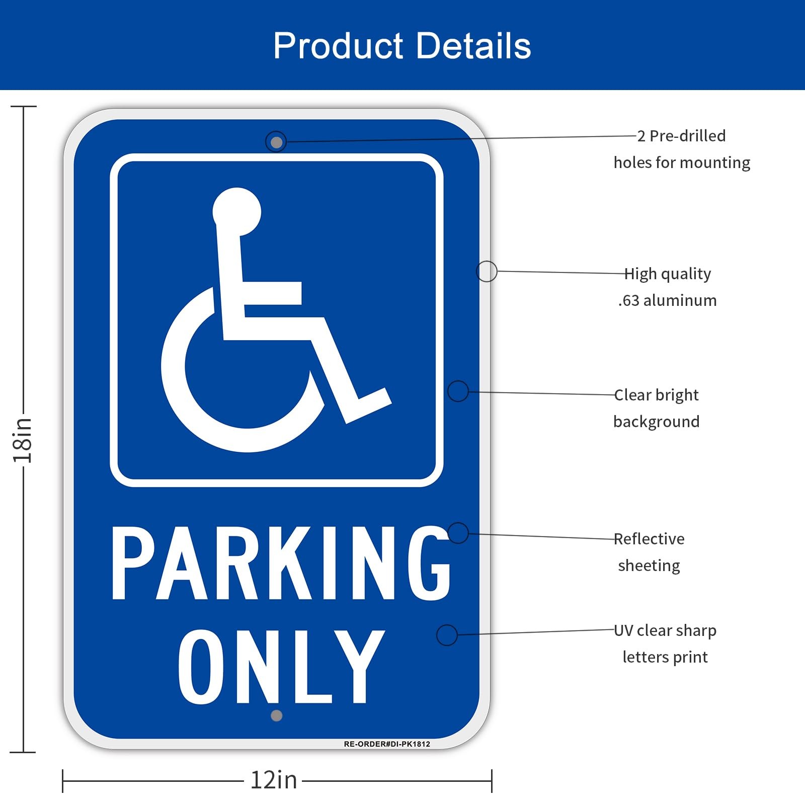 4 Pack Handicap Parking Only Signs, 12″ x 18″ Heavy-Duty Aluminum Handicapped…