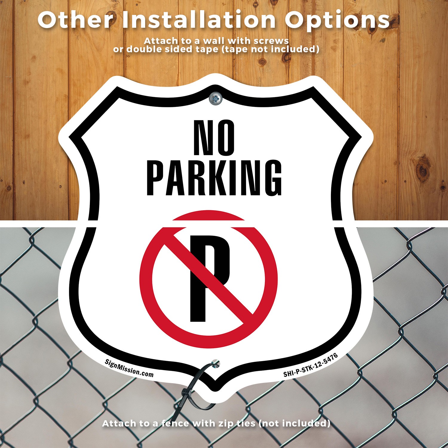 No Parking Shield Shaped Sign With Stake Weather Resistant Crafted in the USA