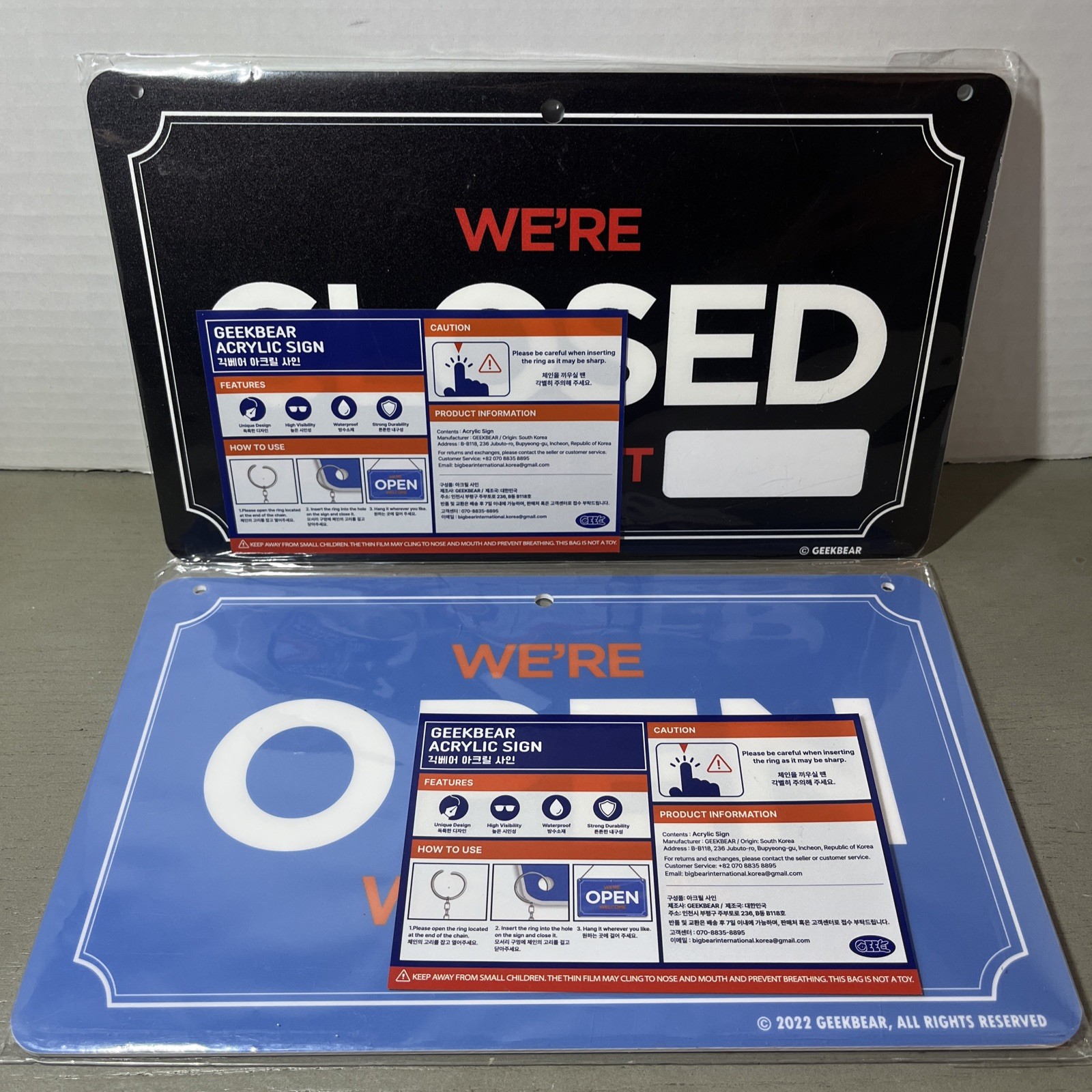 x2 Open Closed Sign Signs Acrylic Blue & Black 6” x 10” – Read!