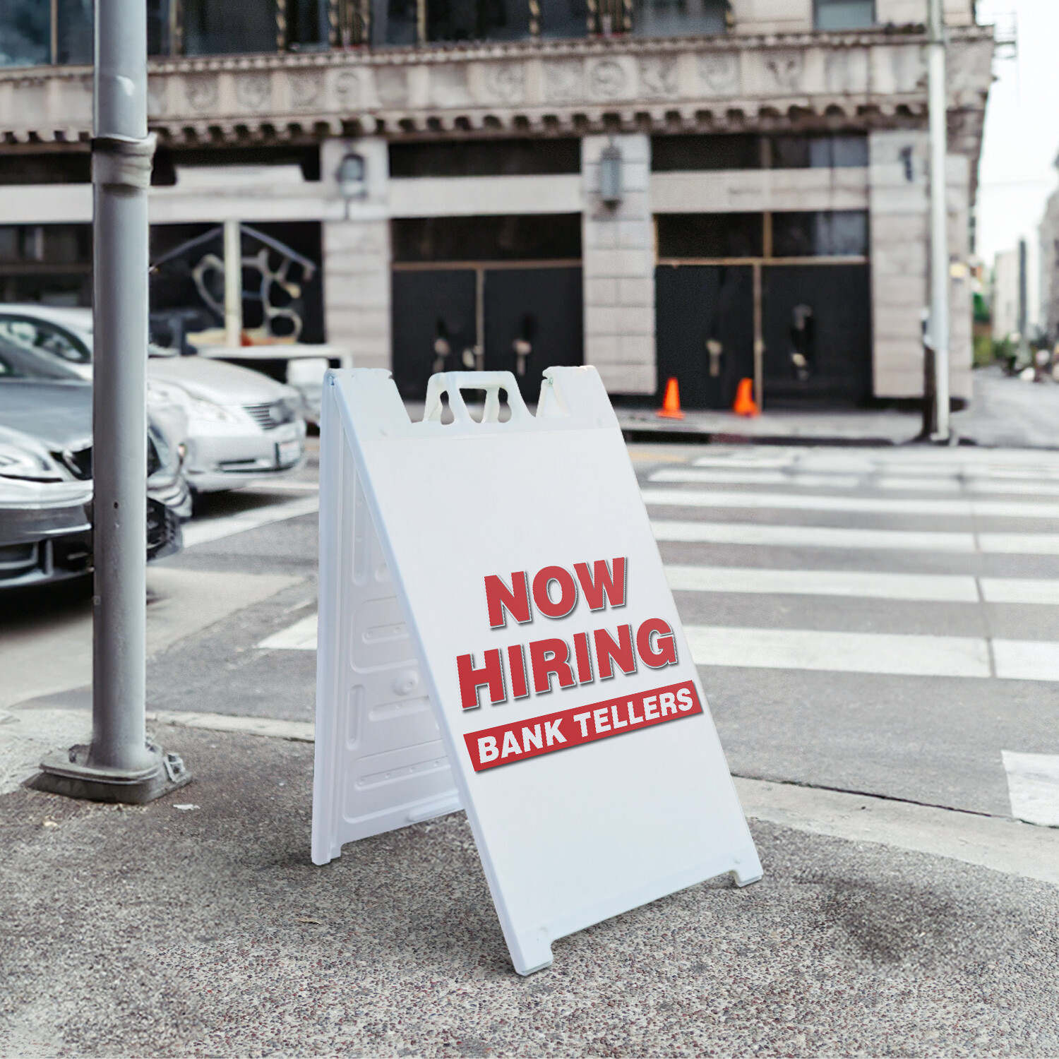 A-frame Sidewalk Now Hiring Bank Tellers 24″ x 36″ Double Sided A-Frame Sidewalk