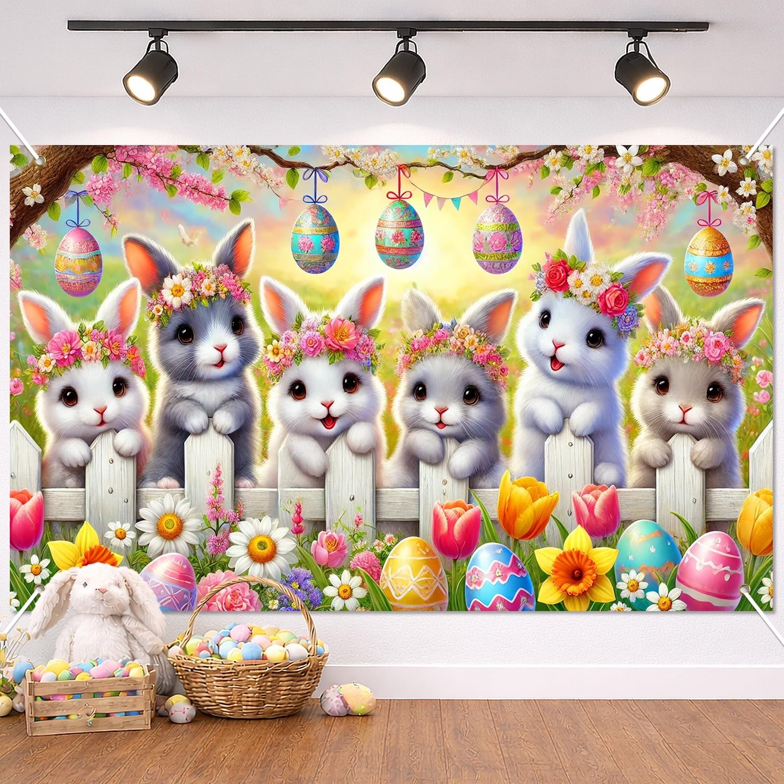 BlissYard Happy Easter Bunny Banner Spring Easter Banner Decorations 71×43 In…