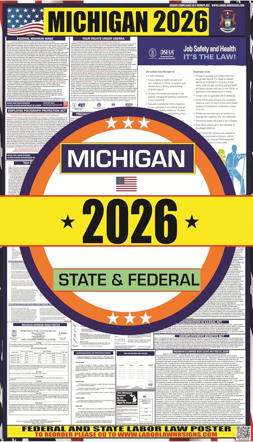2026 Michigan (MI) Labor Law Poster OSHA Federal State Laminated English