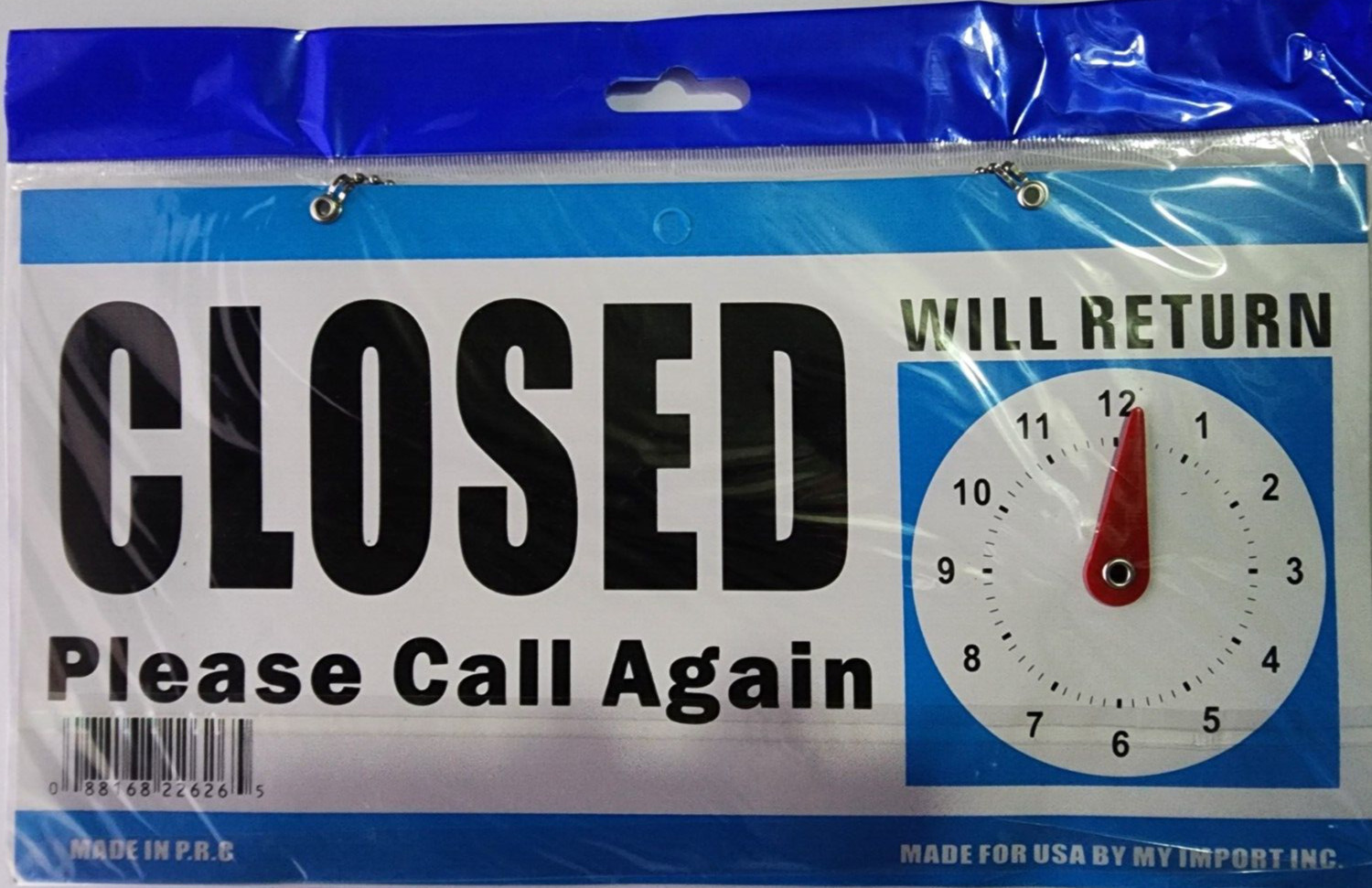 Open and Closed Sign, Plastic, with Hanging Chain, Dual Sides with “Will Return”
