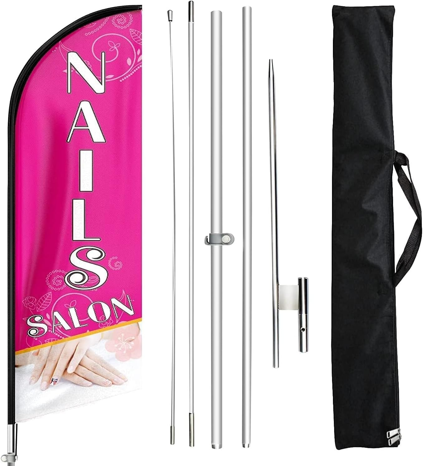 Nails Salon Feather Flag Sign, Pink, 11FT, Swooper Flag Pole Kit & Ground Stake