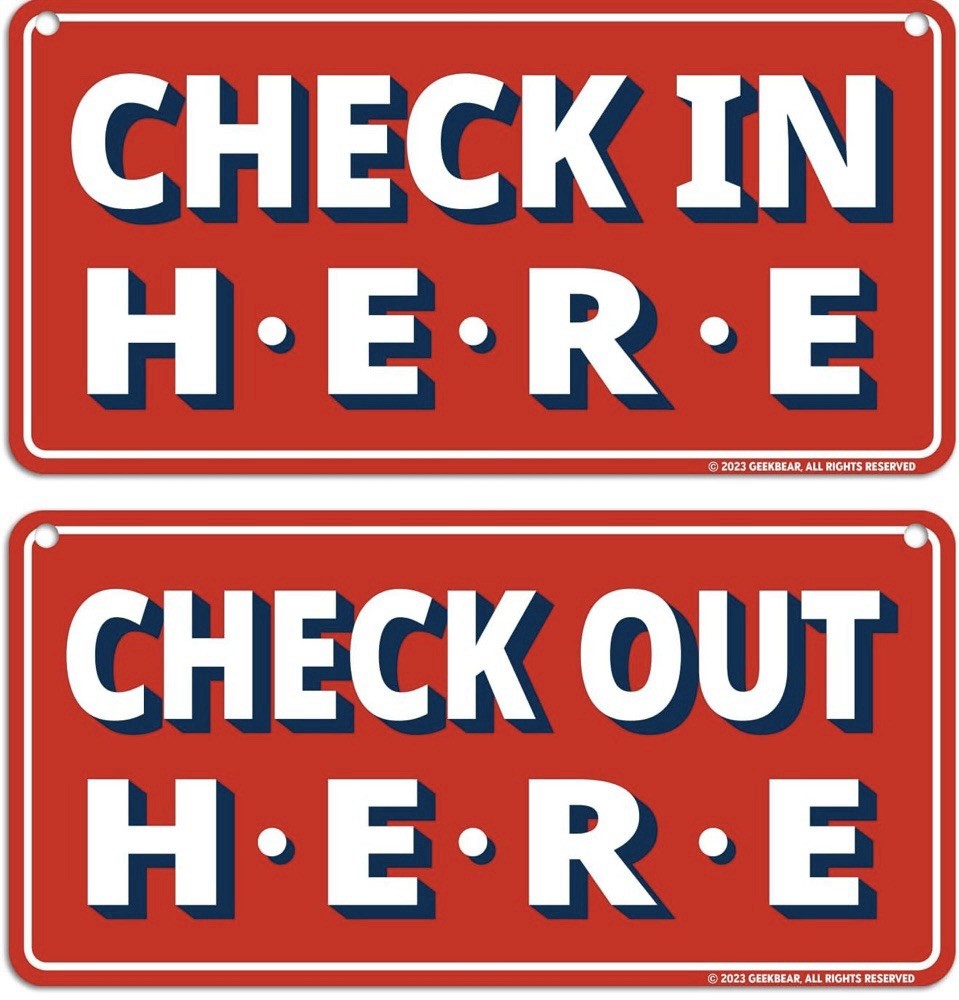 Check In Here/Check Out Here Sign Hanging from Ceiling – 12 x 6 in.NIP