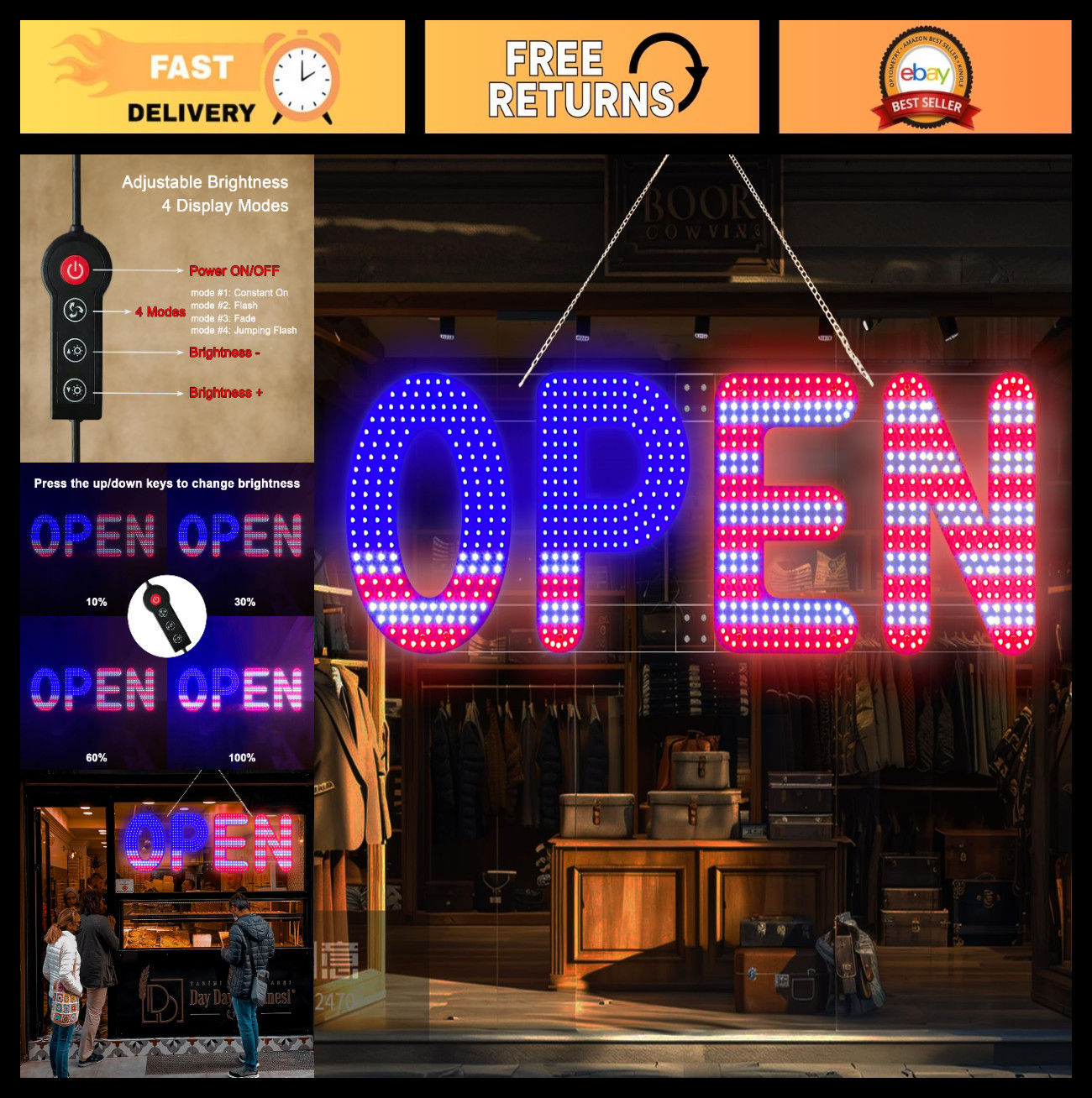 30″x10″ LED Open Sign – Ultra Bright, Dimmable with 4 Modes, 12V Adapter, Storef