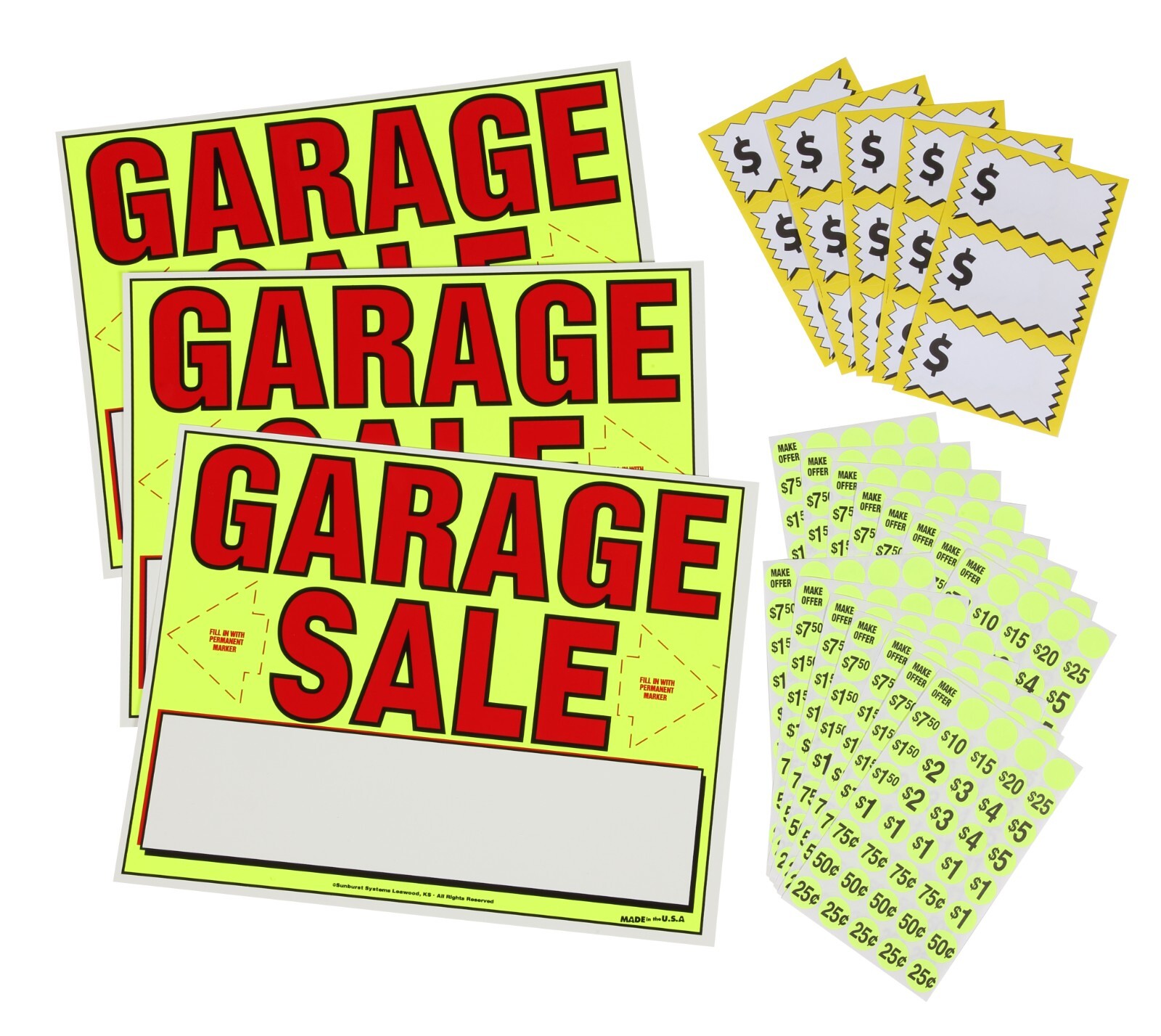 Garage Sale Kit: 3 YARD SIGNS, 600 pre-PRICED STICKERS, 15 LARGE. PRICE LABELS 