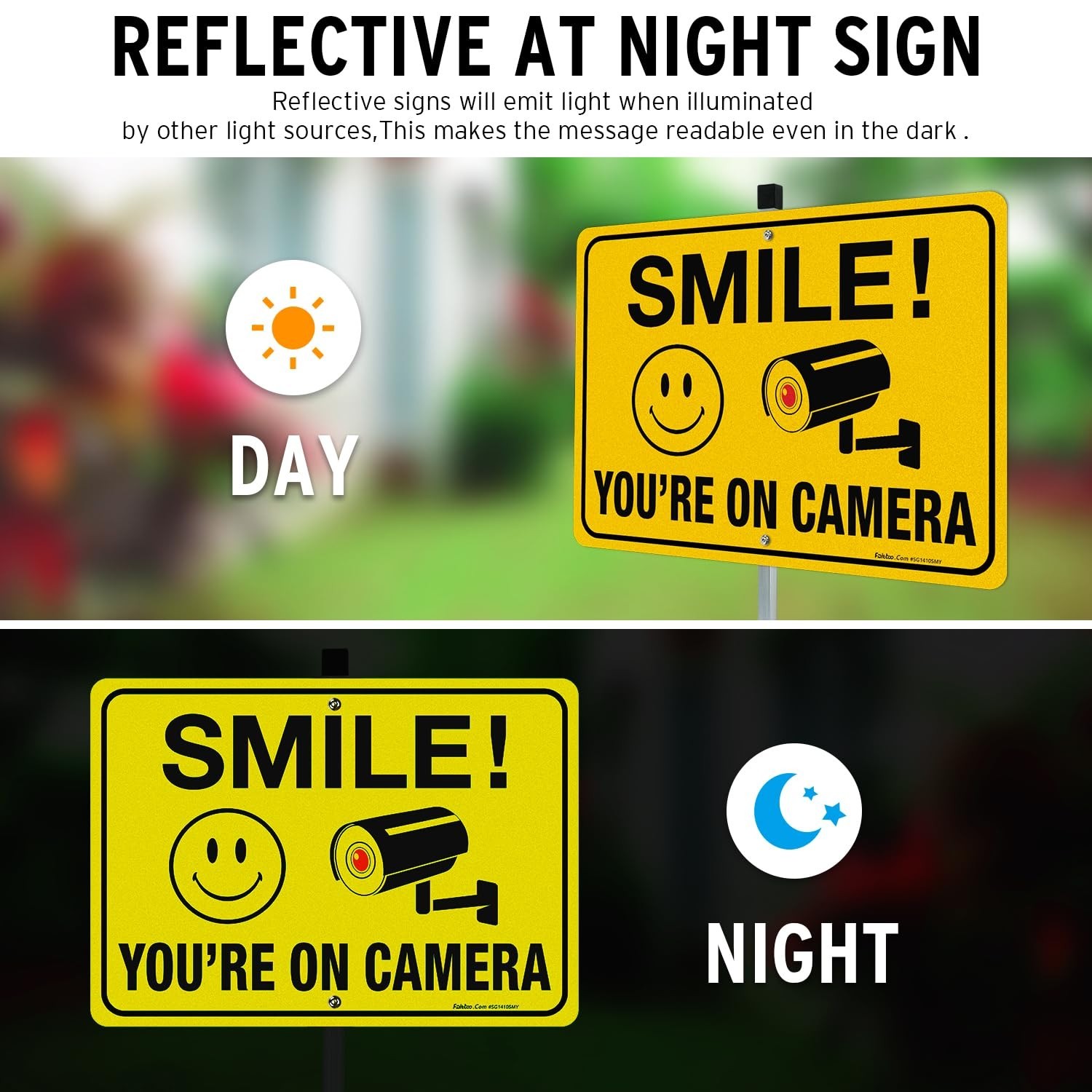 4-Pack Reflective Smile Signs with 36″ Stake – Rust-Free Aluminum, Fade Resistan