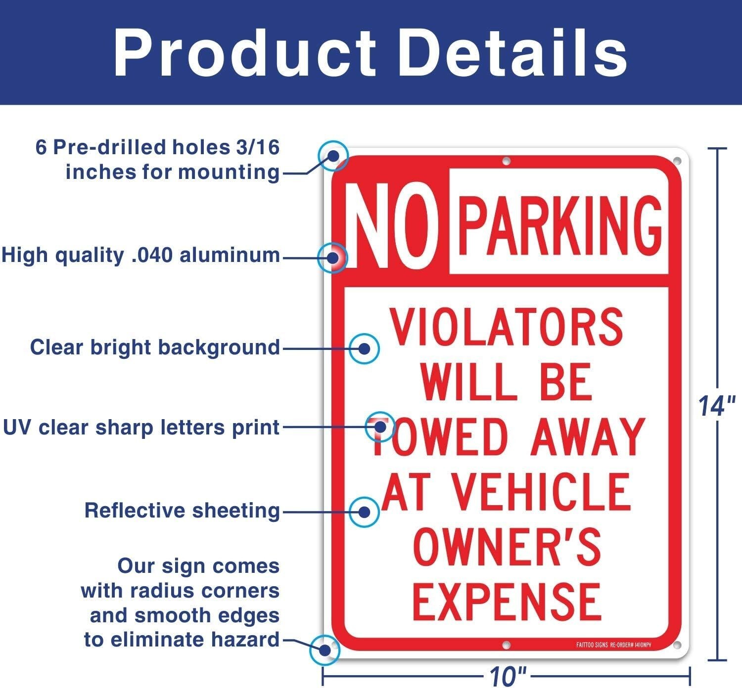 Heavy-Duty Reflective ‘No Parking’ Sign – 14″x10″ Metal – Towing Notice Included