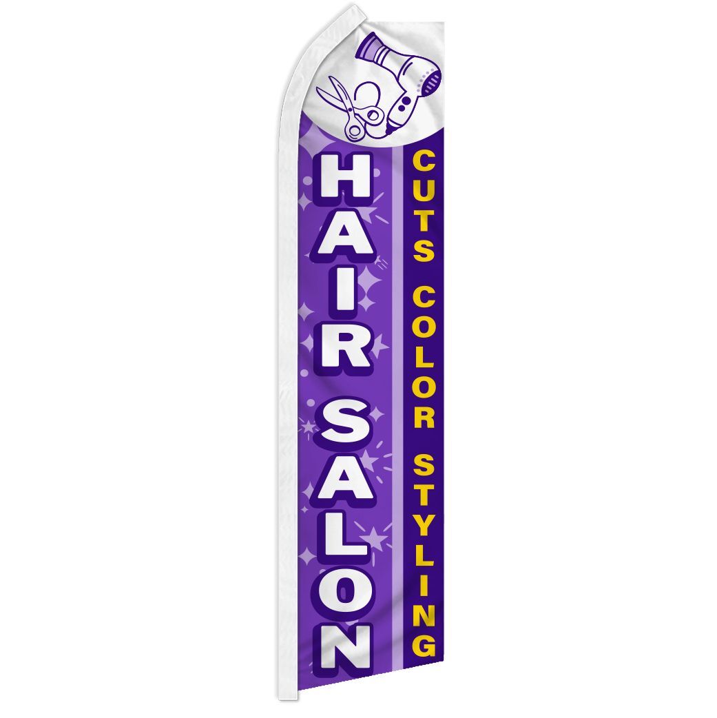 “HAIR SALON” advertising super flag swooper banner business sign cut color purpl