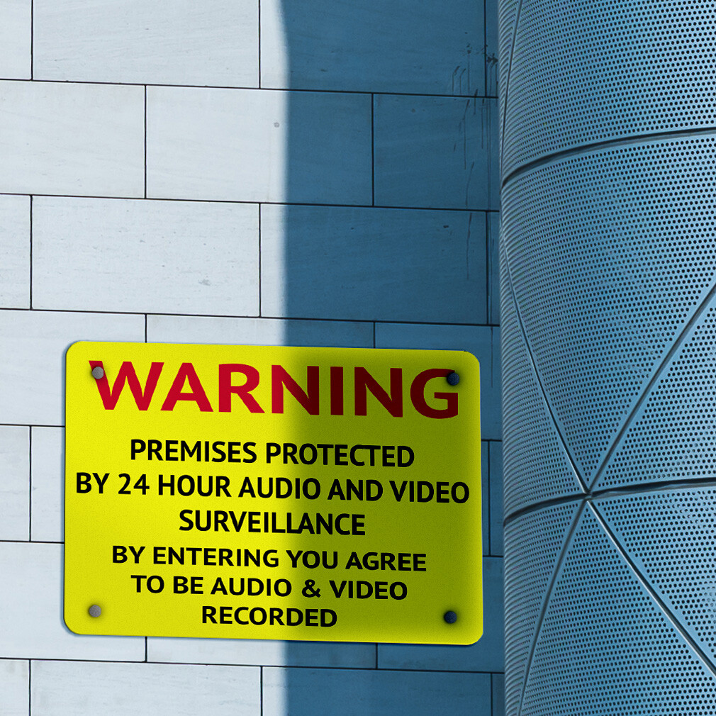 Horizontal Metal Sign Warning 24 Hour Audio and Video Surveillance Entrance