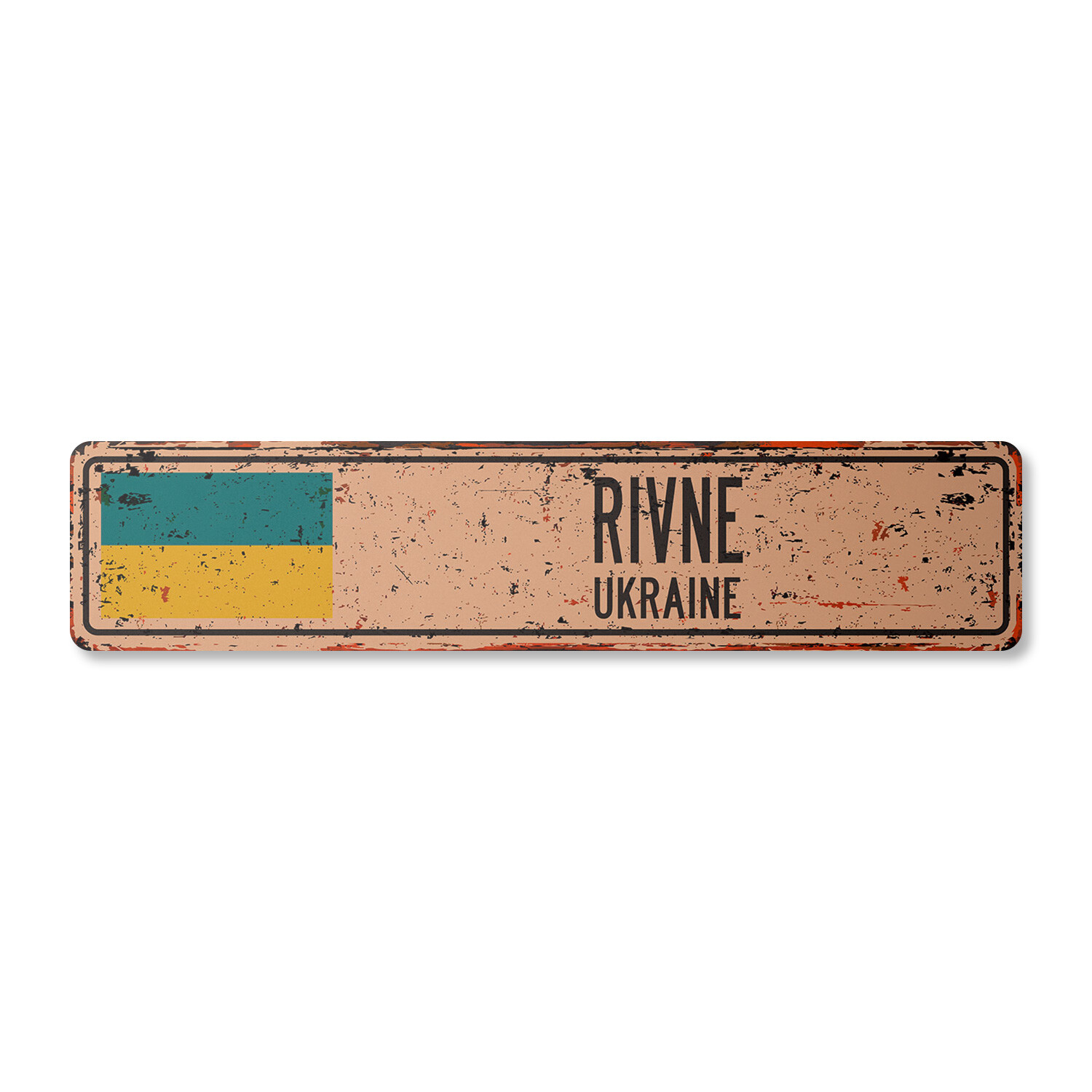 RIVNE UKRAINE Vintage Street Sign Ukrainian flag city country road wall rustic