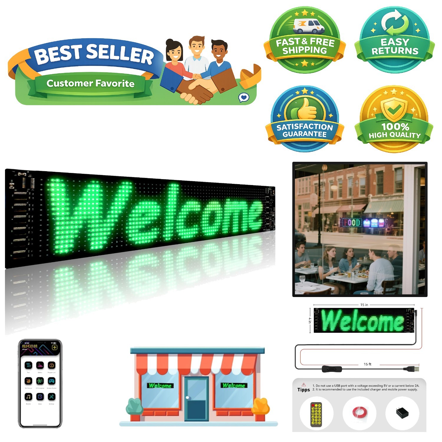 15”x4” Waterproof Bluetooth Programmable LED Sign for Business Visibility