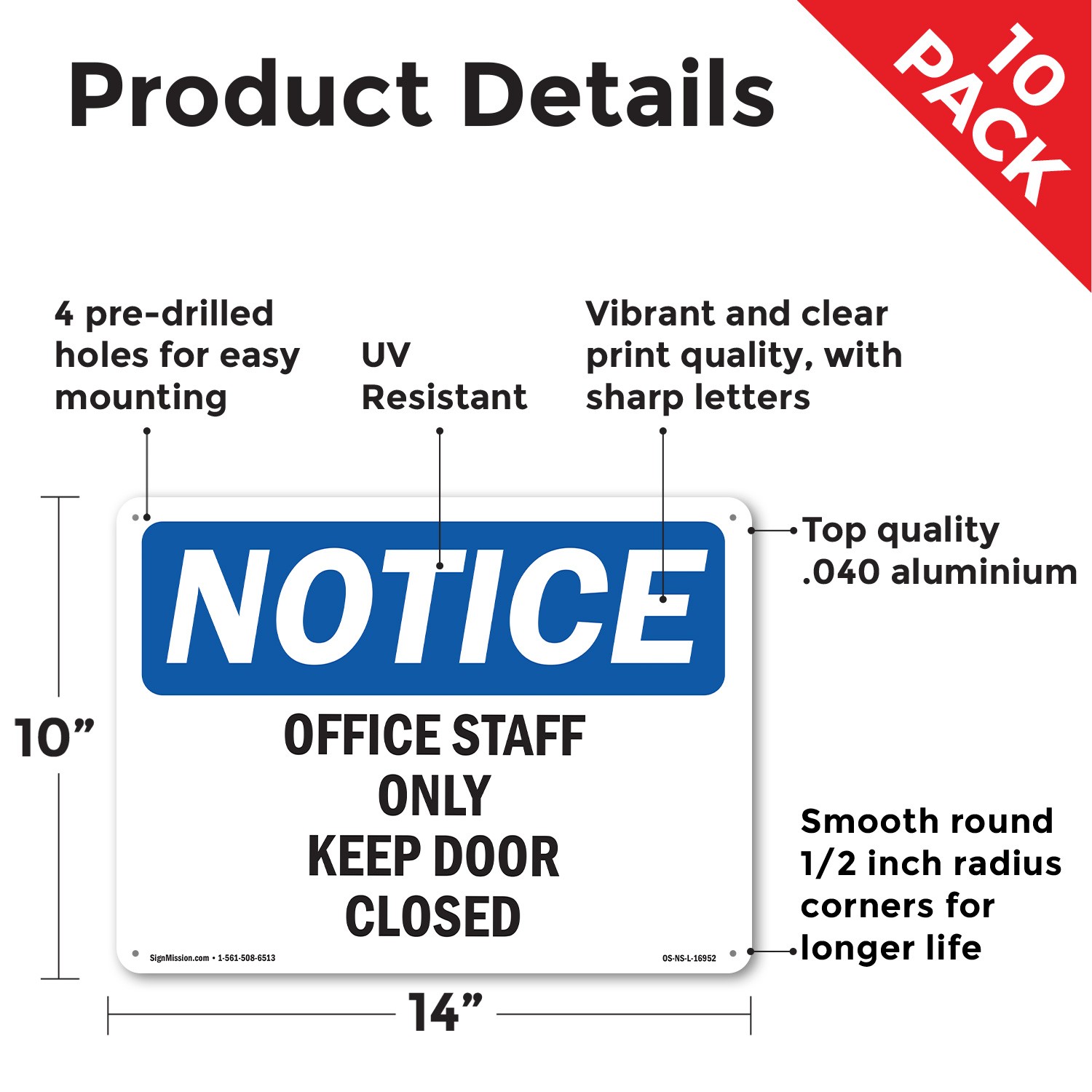 Office Staff Only Keep Door Closed OSHA Notice Sign Metal, Decal – 5 or 10 Pack