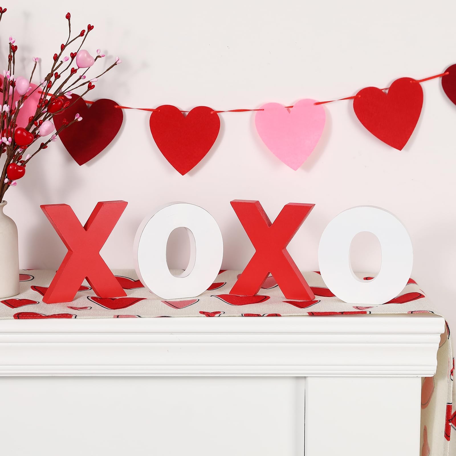 Wooden XOXO Tabletop Sign White Red Valentines Decor Mantel Fireplace Party