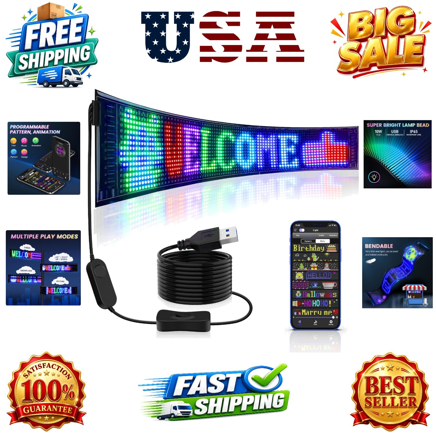 Scrolling Huge Bright Advertising LED Signs, Flexible USB 5V LED Store Sign B…