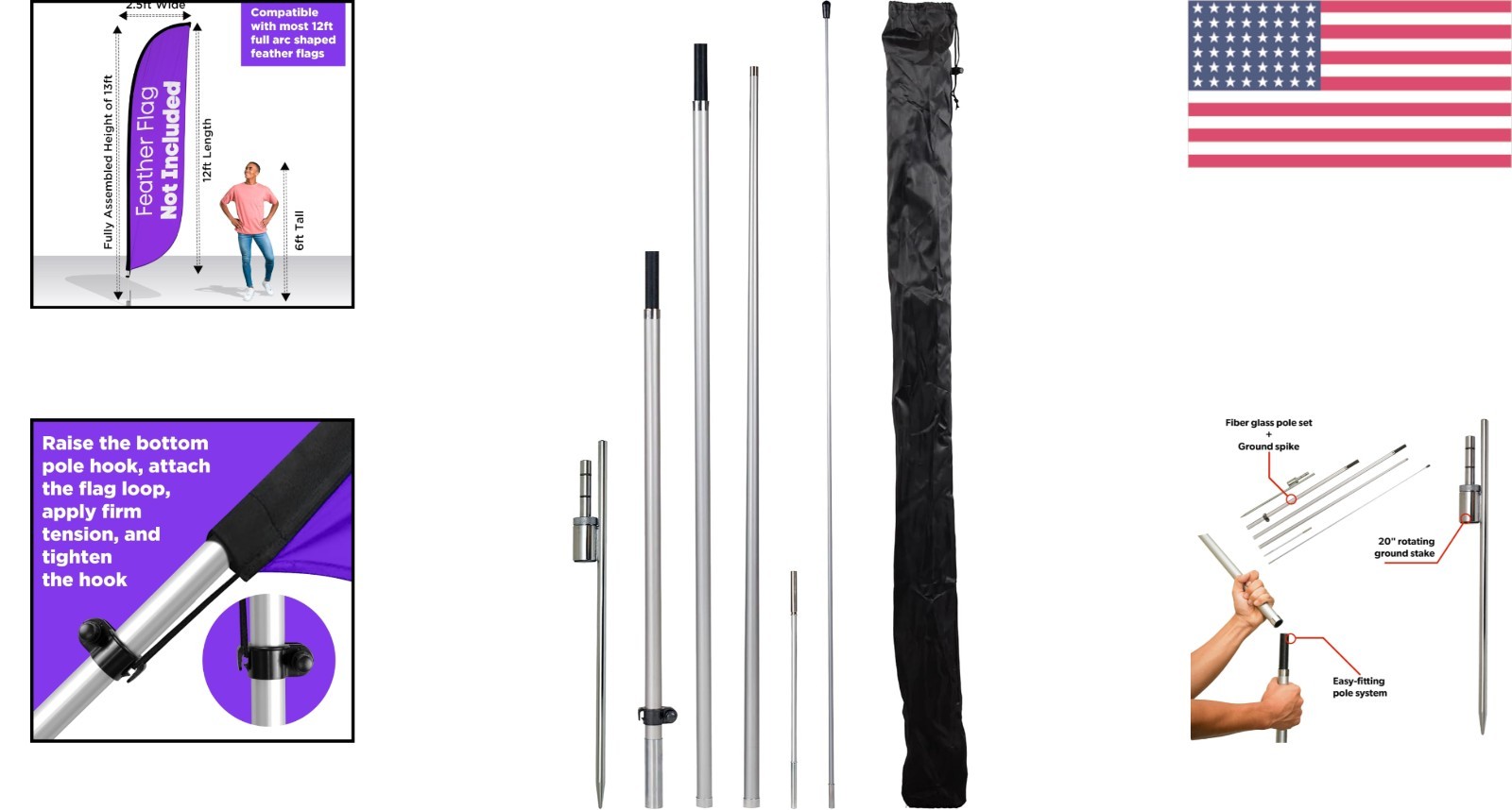 13ft Feather Flag Pole Kit with Rotating Ground Spike for Effective Advertising