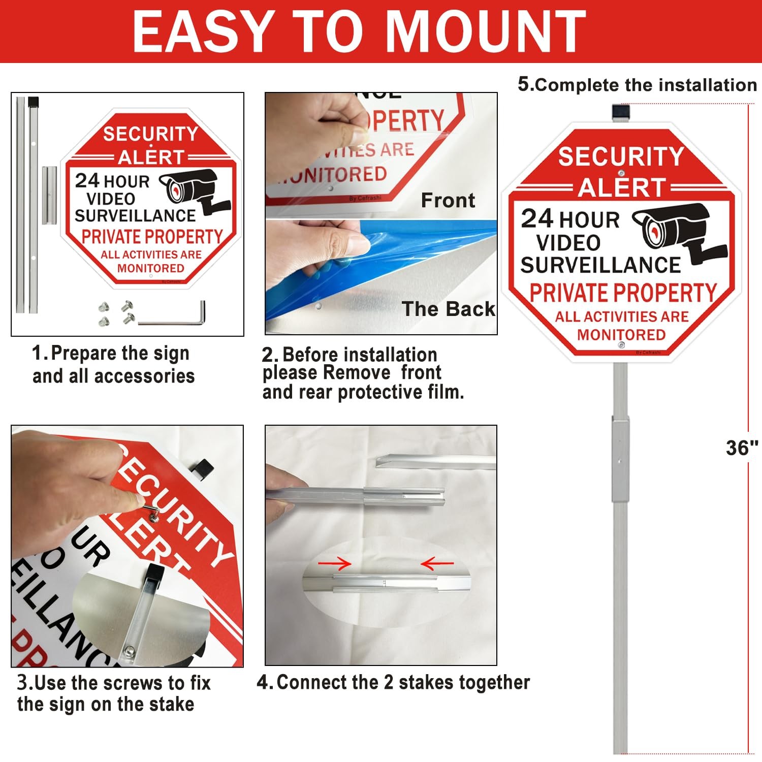 2 Pack Security Sign, Private Property Video Surveillance Sign, with 36″ Meta…