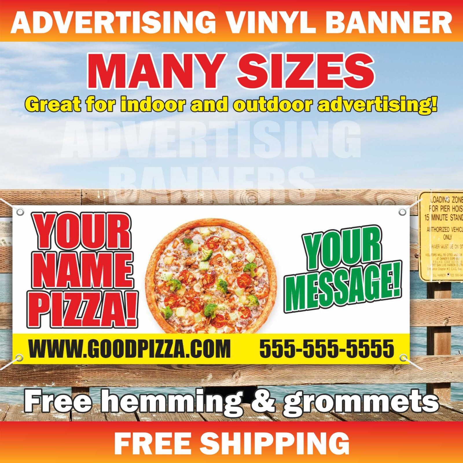 YOUR NAME PIZZA YOUR MESSAGE Advertising Banner Vinyl Mesh Sign Custom Text Logo