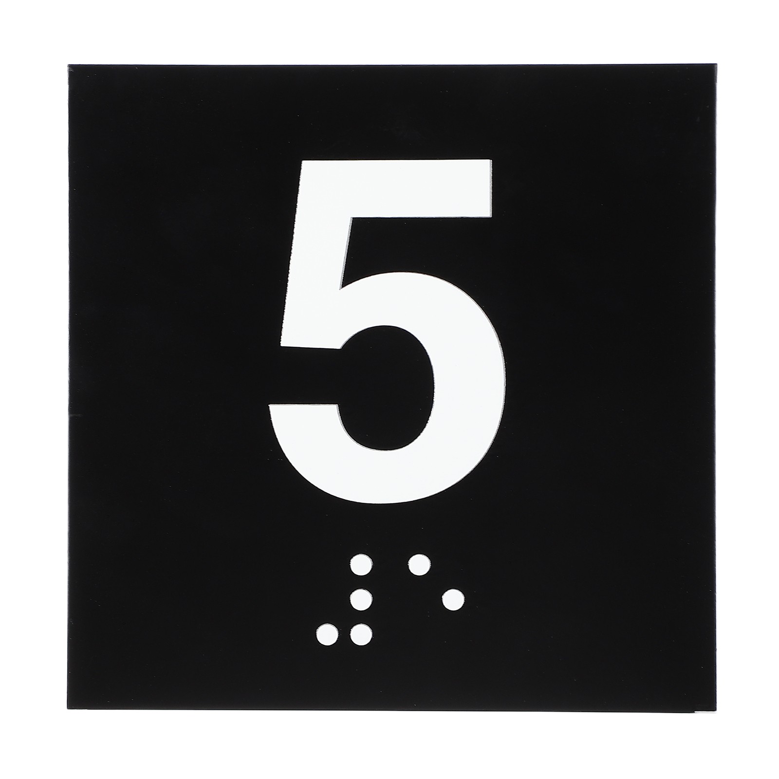Exam Room Number Sign, 6″ x 6″ Number 5 Sign with Braille, White on Black