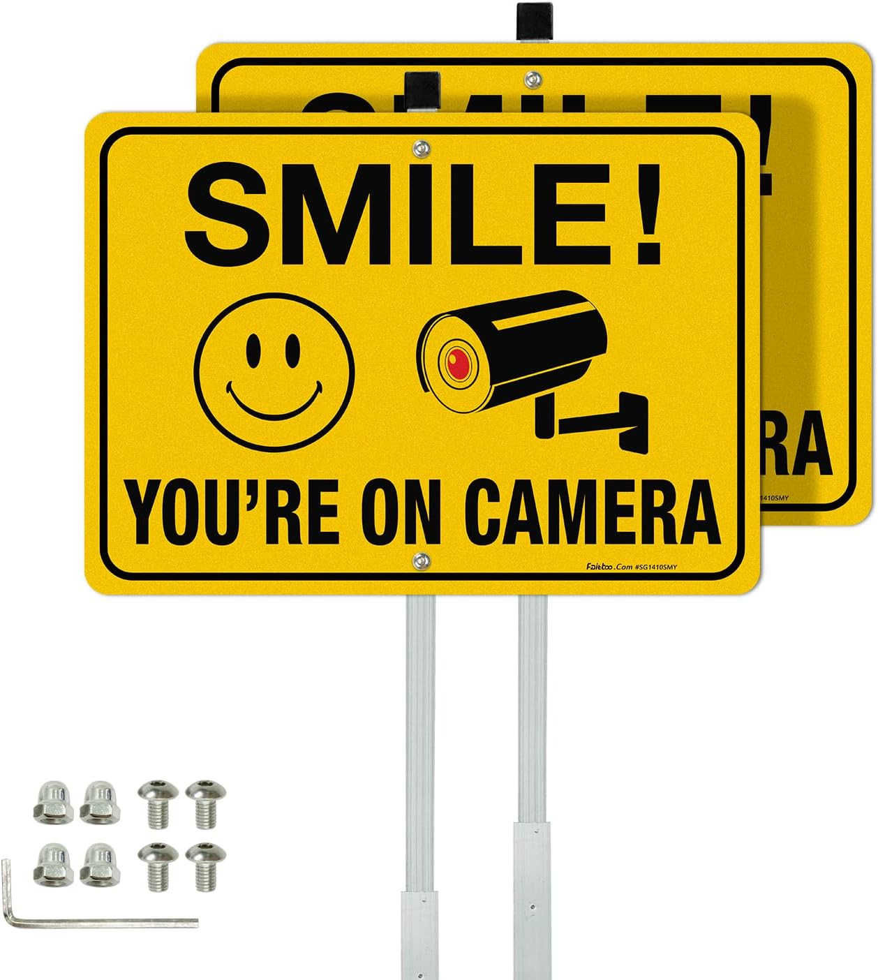 Smile Your on Camera Signs with 36″ Stake for Outside, 2-Pack 14″X10″ Rust Free