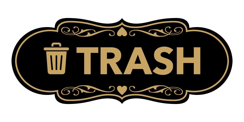 Designer Trash Sign Black Gold Medium Office Business Waste Bin Wall Door Sign