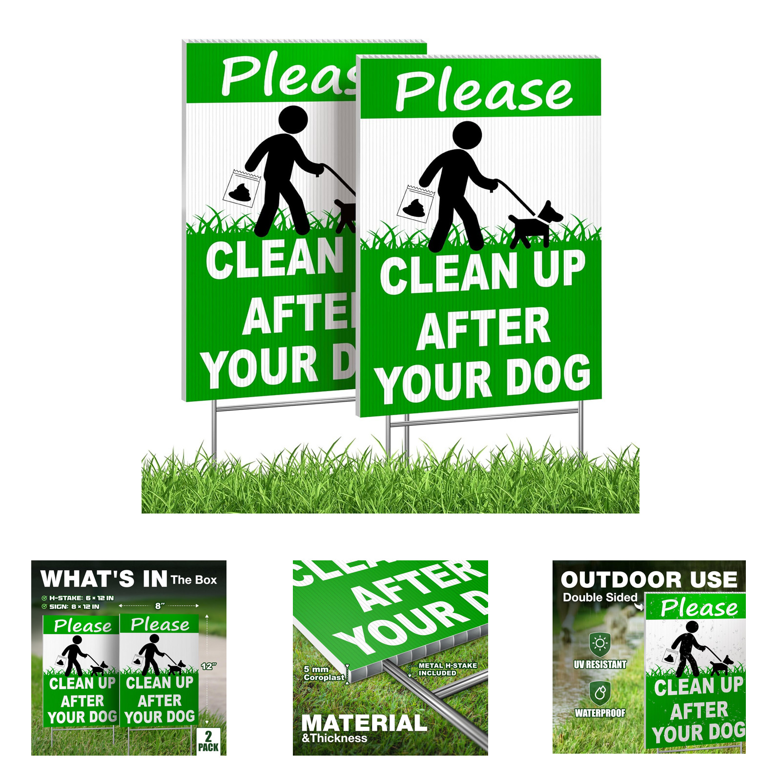 Dog Cleanup Signs 12×8 Coroplast Double Sided Yard Stake Outdoor Reminder for