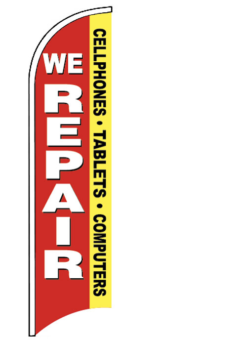 WE REPAIR CELL PHONES TABLETS COMPUTERS Windless Swooper Flag Feather Sign – Red